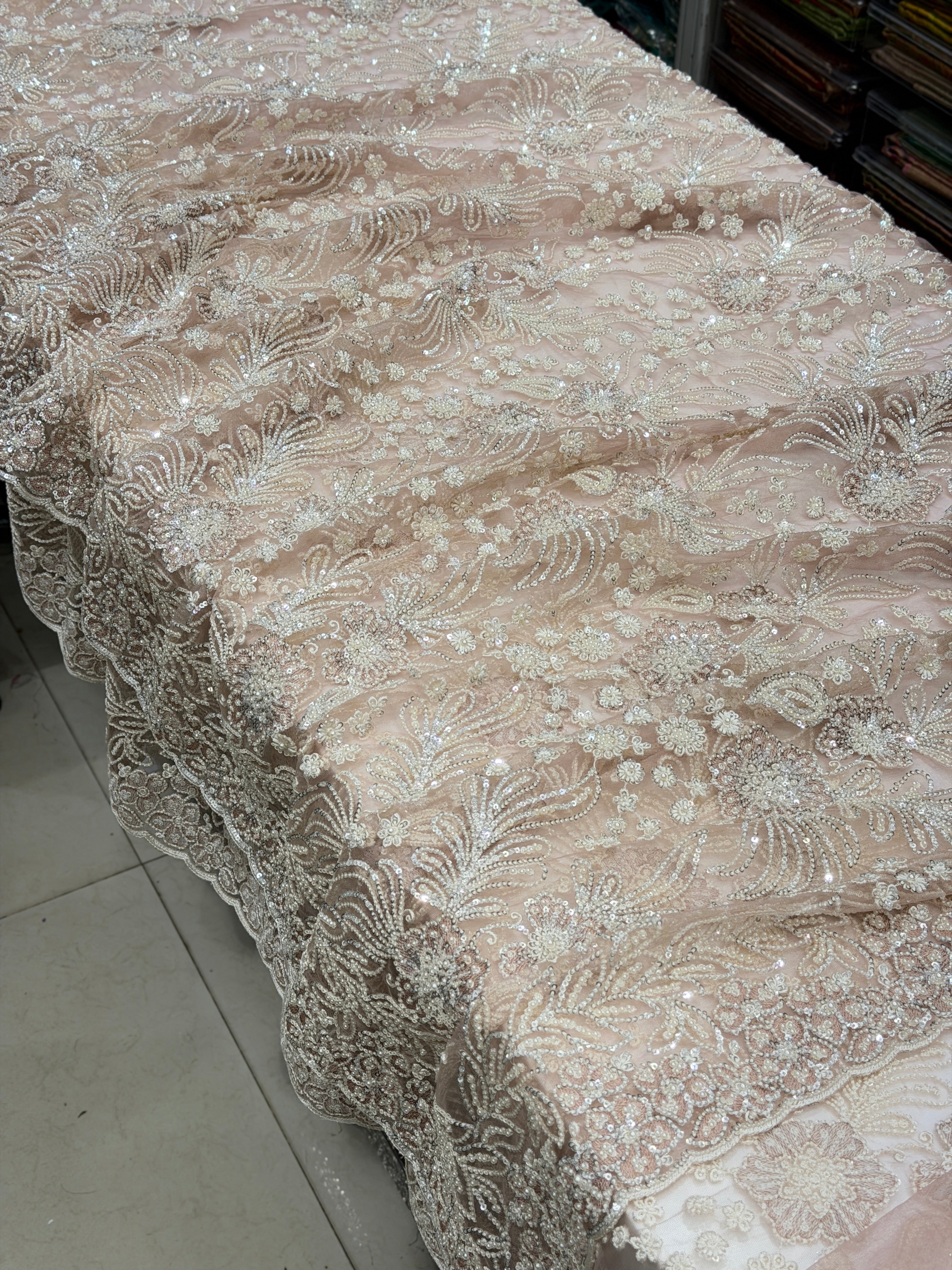 Nude Pink Floral Jaal Net Resham Moti Embroidery Soft Saree