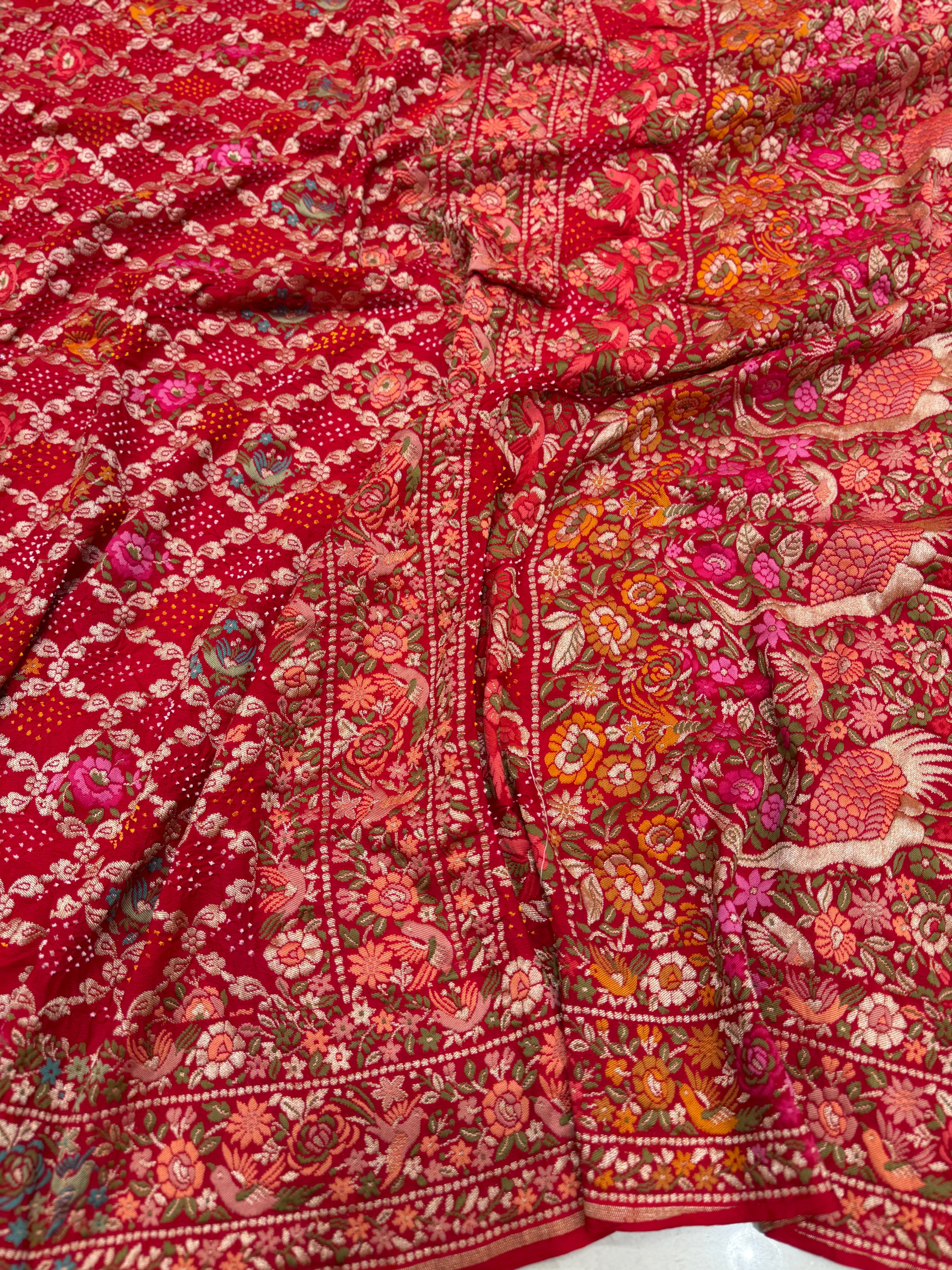 Red Parsi Gara Weaved Rani Bandhej Saree