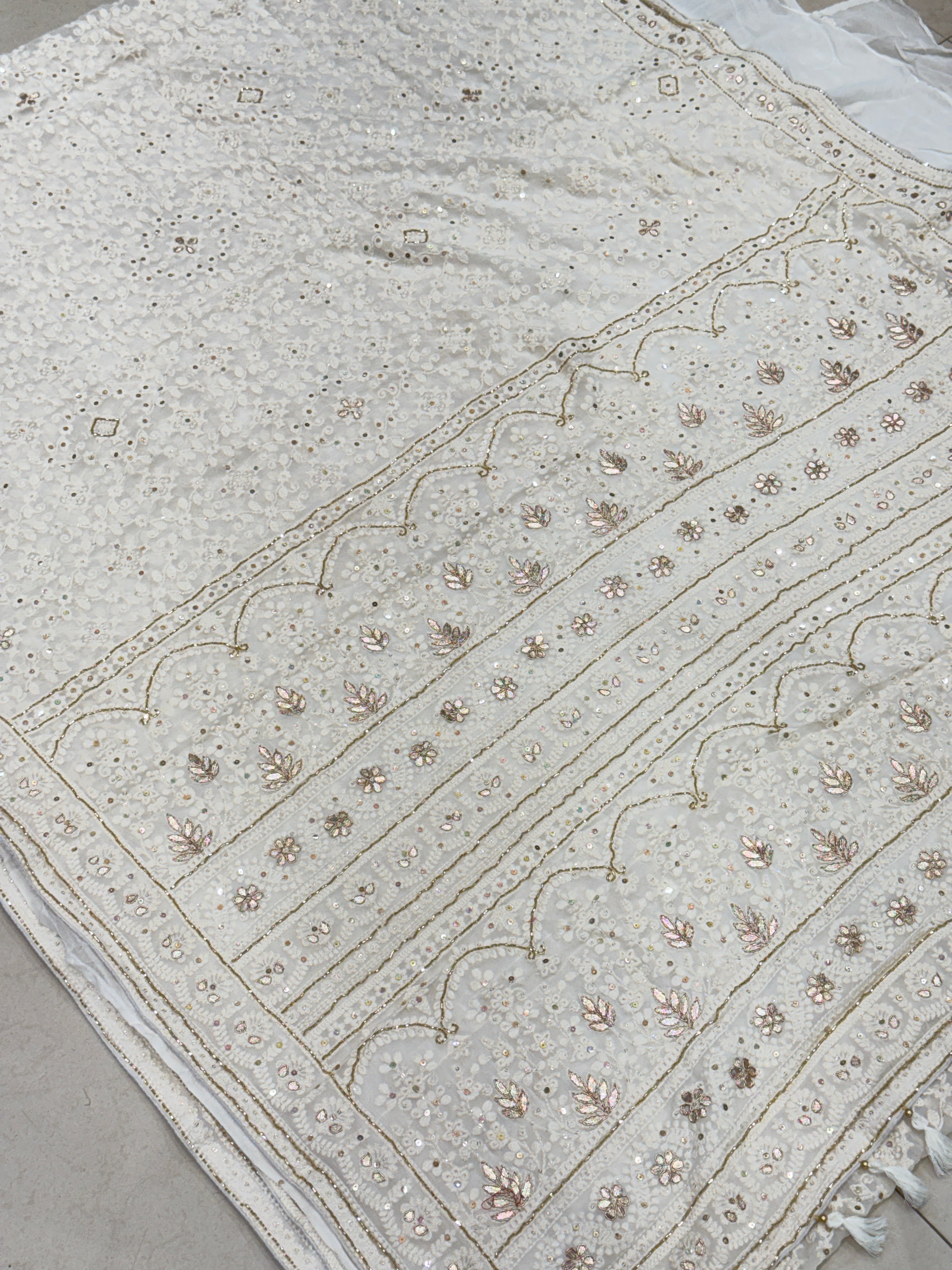 White Chikankari on Georgette with Cutdana Hand Embroidery