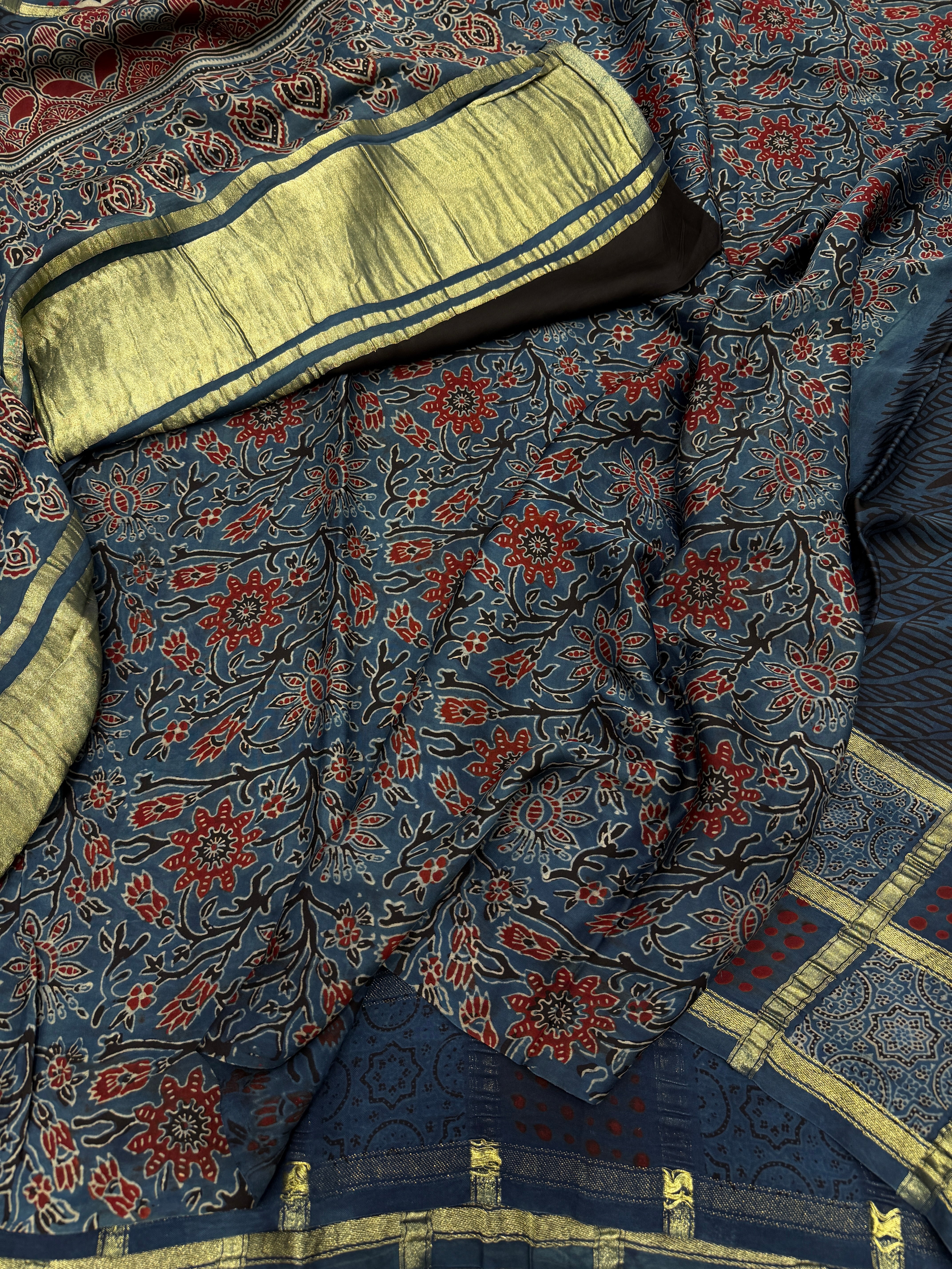 Blue Contemporary Zari Checks Ajrakh Hand Block Print Pure Gajji Silk Saree