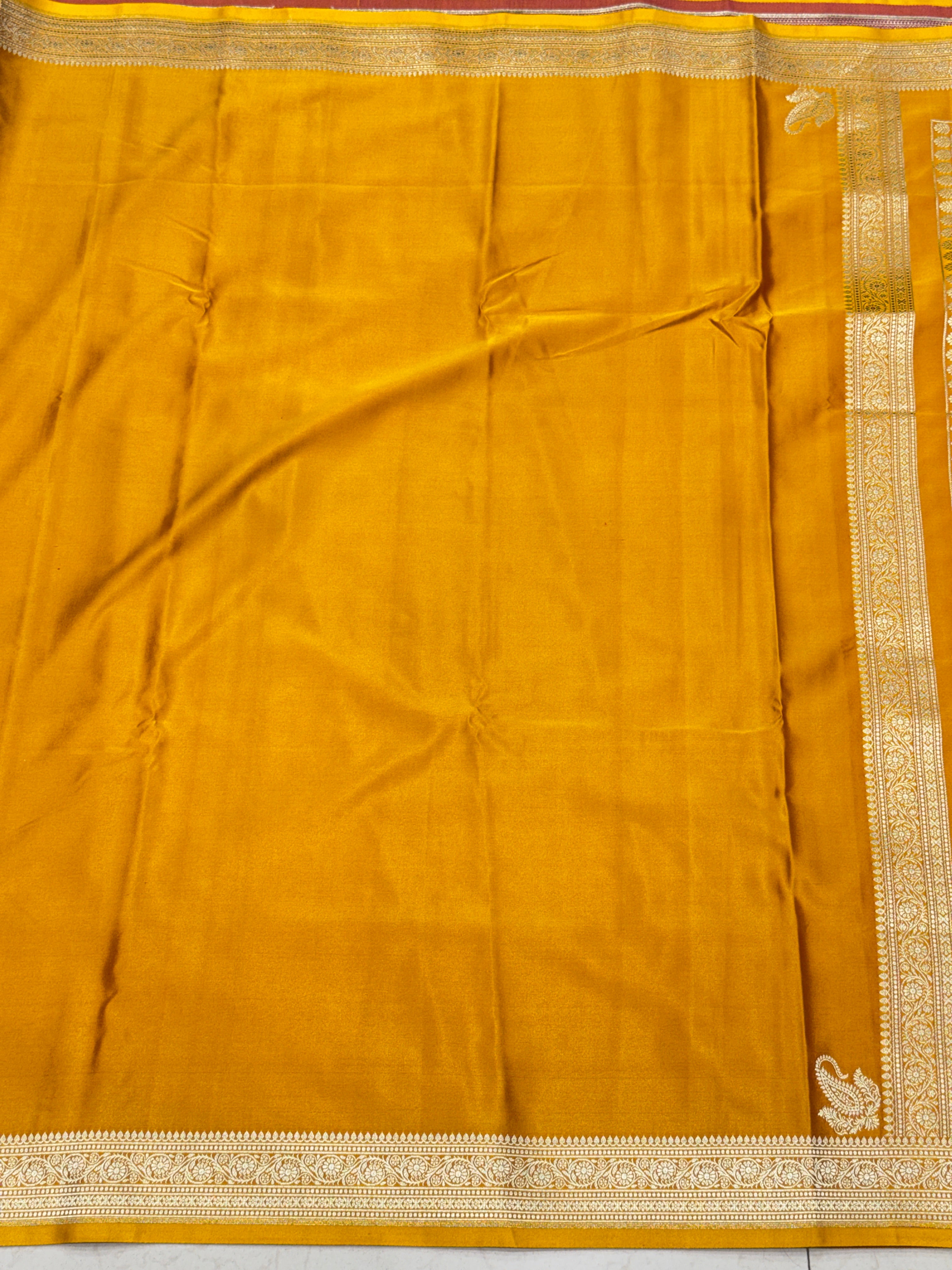 Mustard Yellow Banarasi Silk Plain Small Border Saree