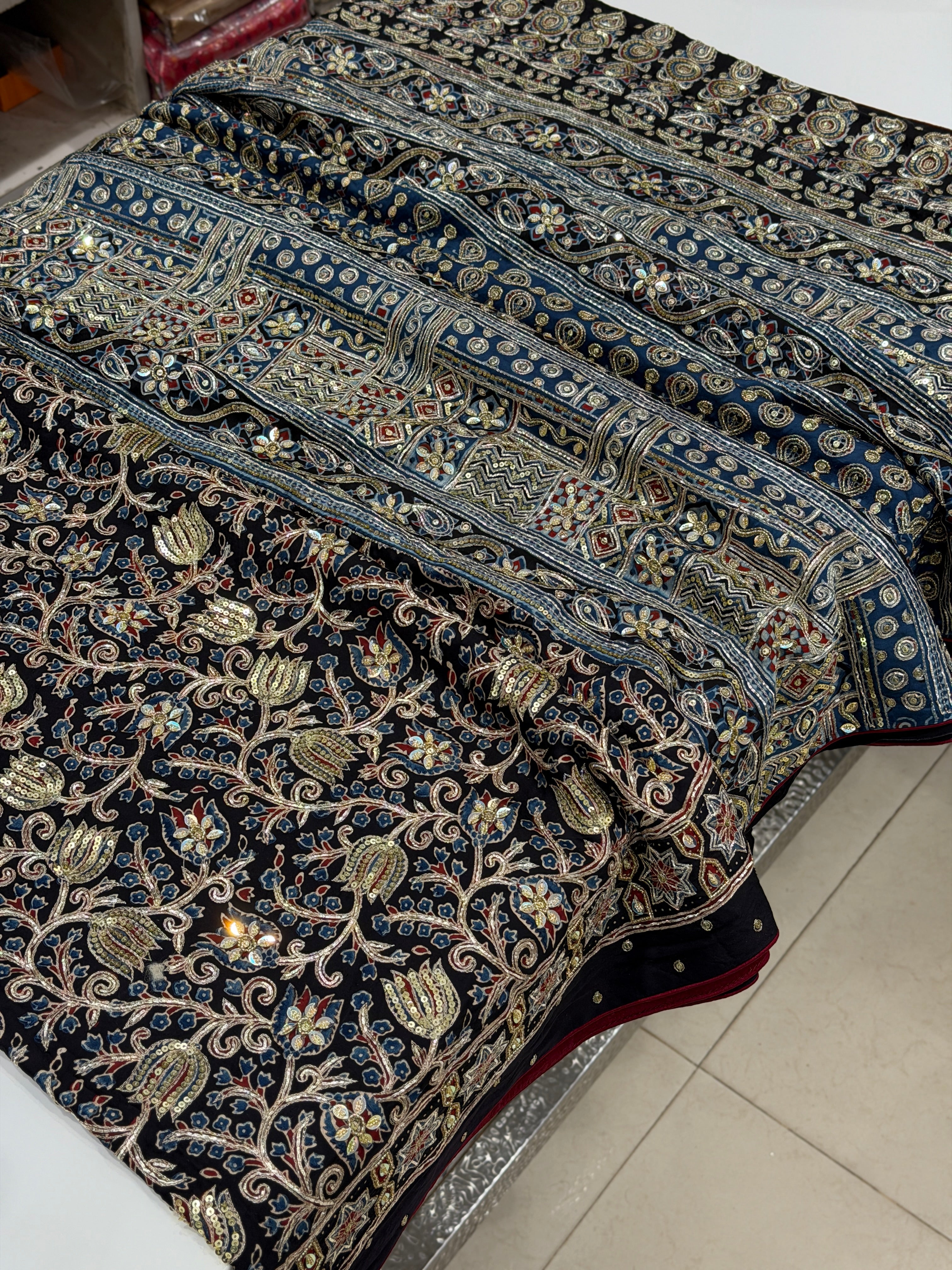 Black Blue Jaal Pita Sequin Ajrakh Hand Embroidery Saree