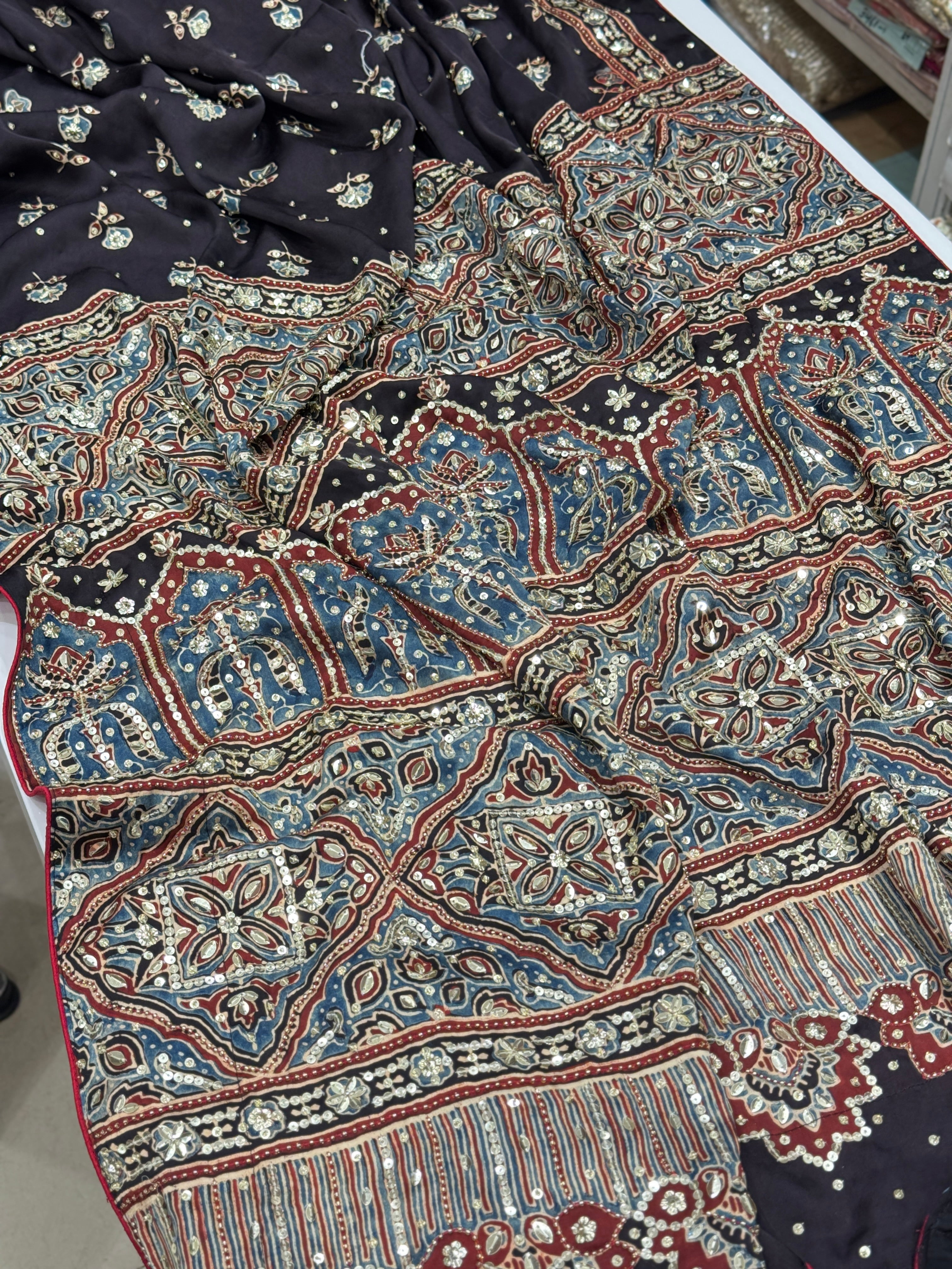 Black Buttis Ajrakh Hand Embroidery Saree