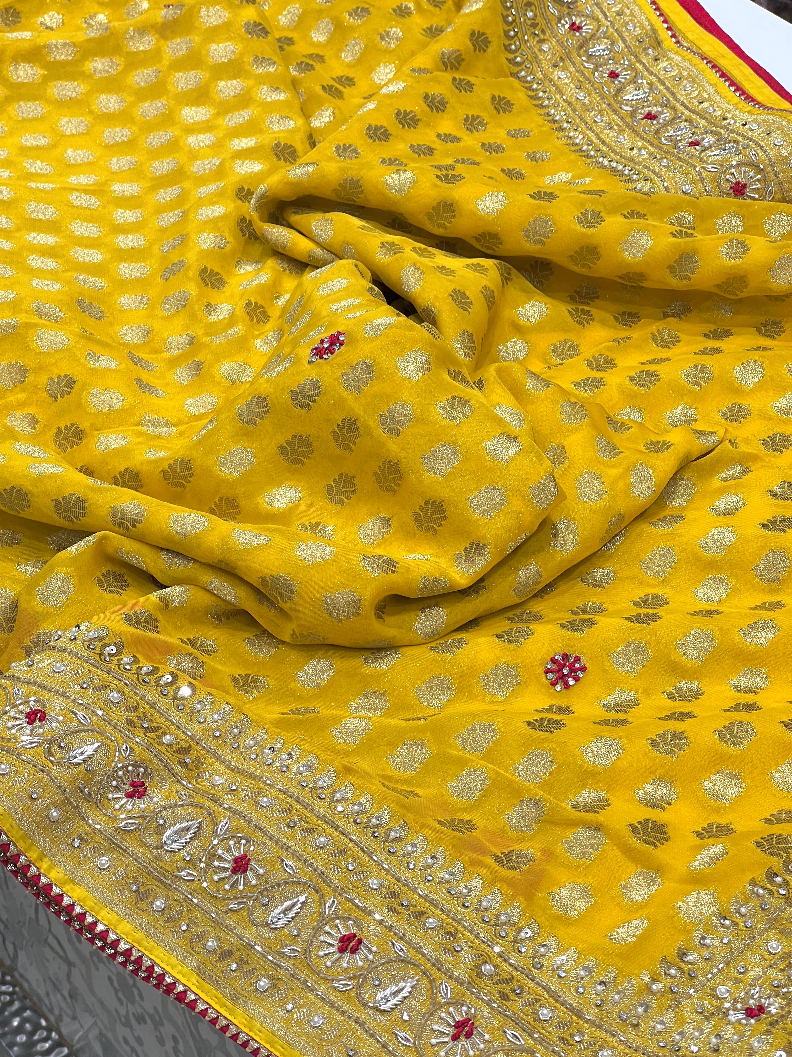 Yellow Georgette Butti Zardozi Resham Embroidery Saree