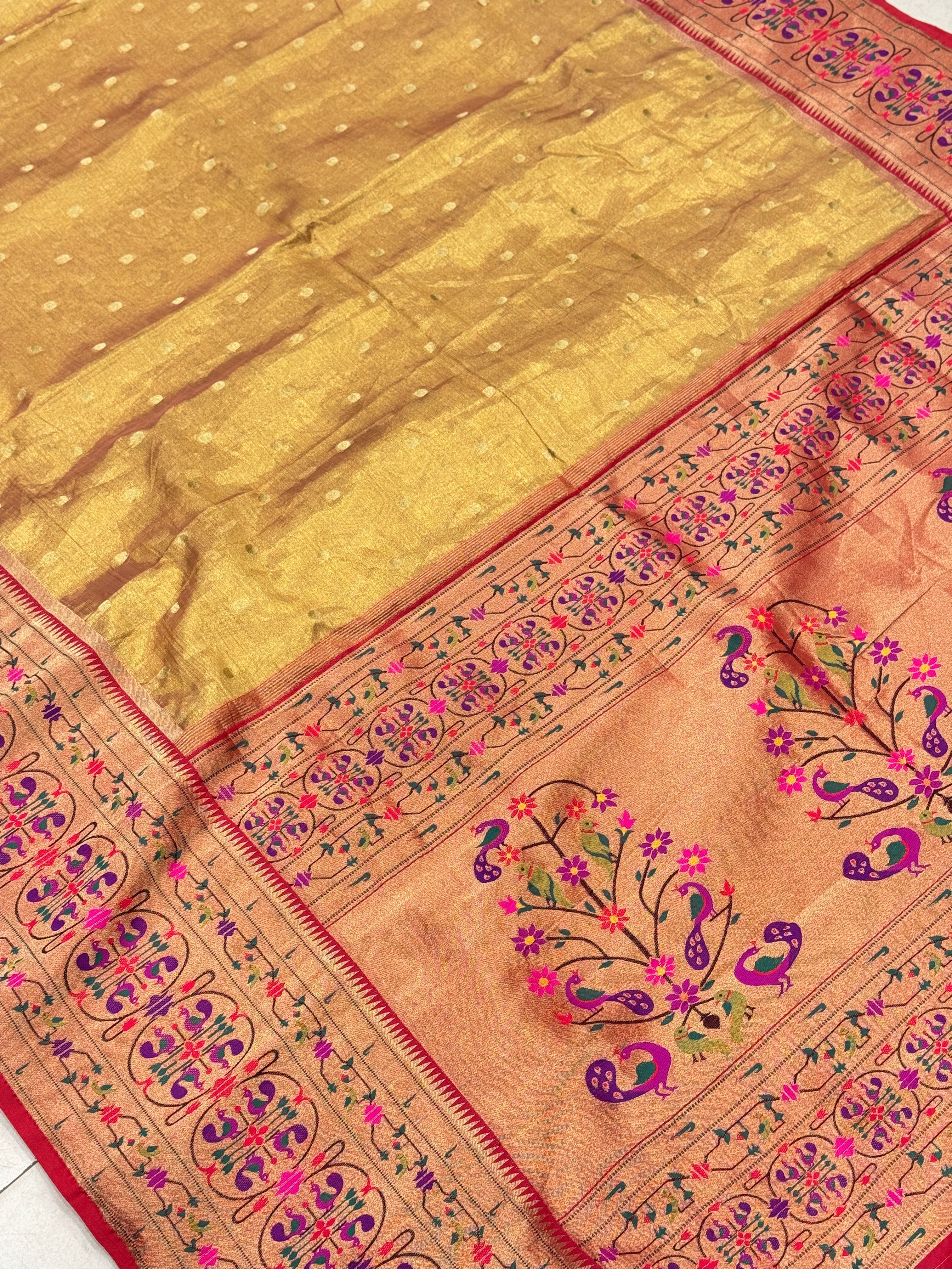 Gold Tissue Paithani Floral Border Saree