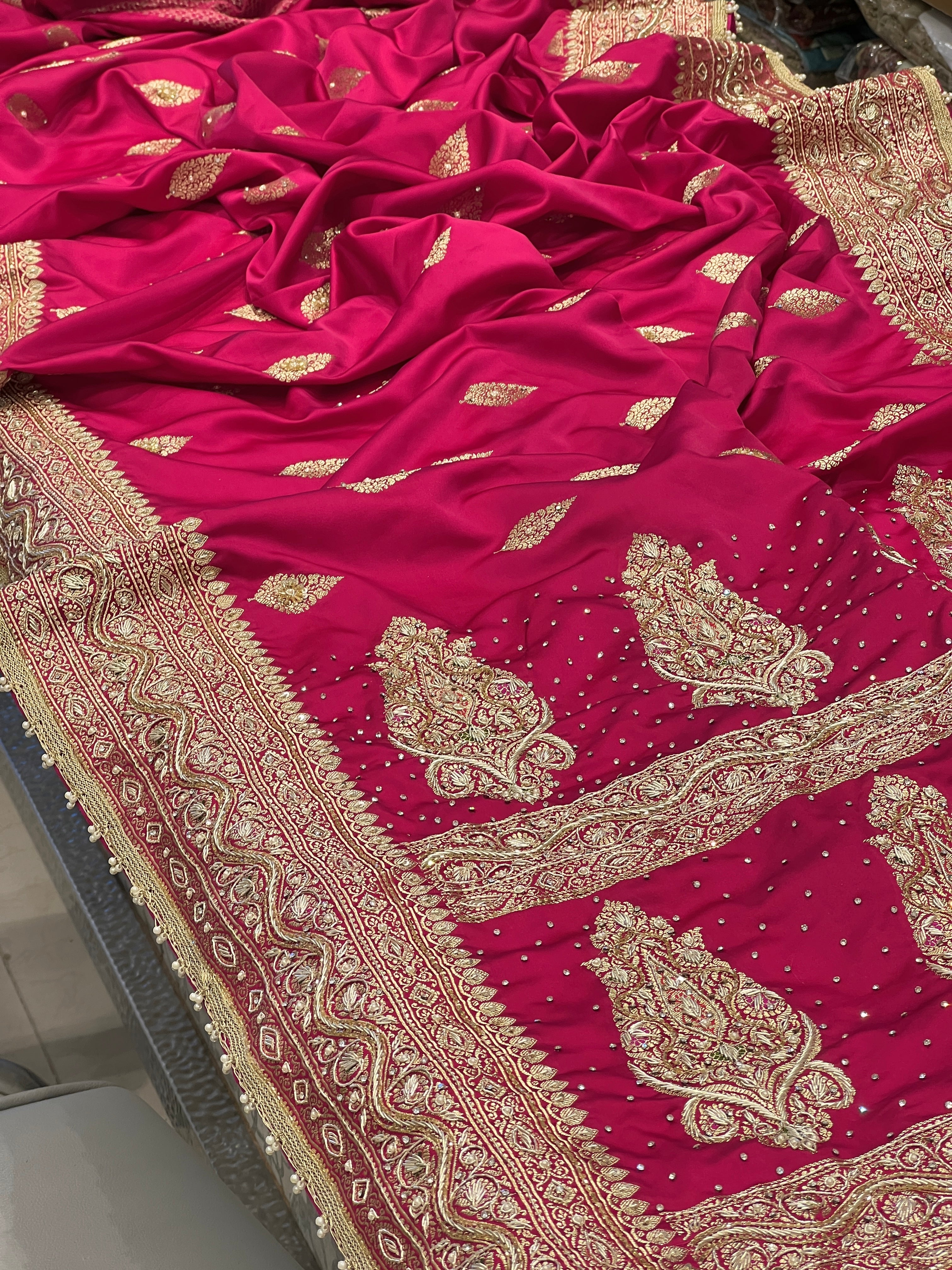 Rani Banarasi Silk Butta Zardosi Hand Embroidery Saree