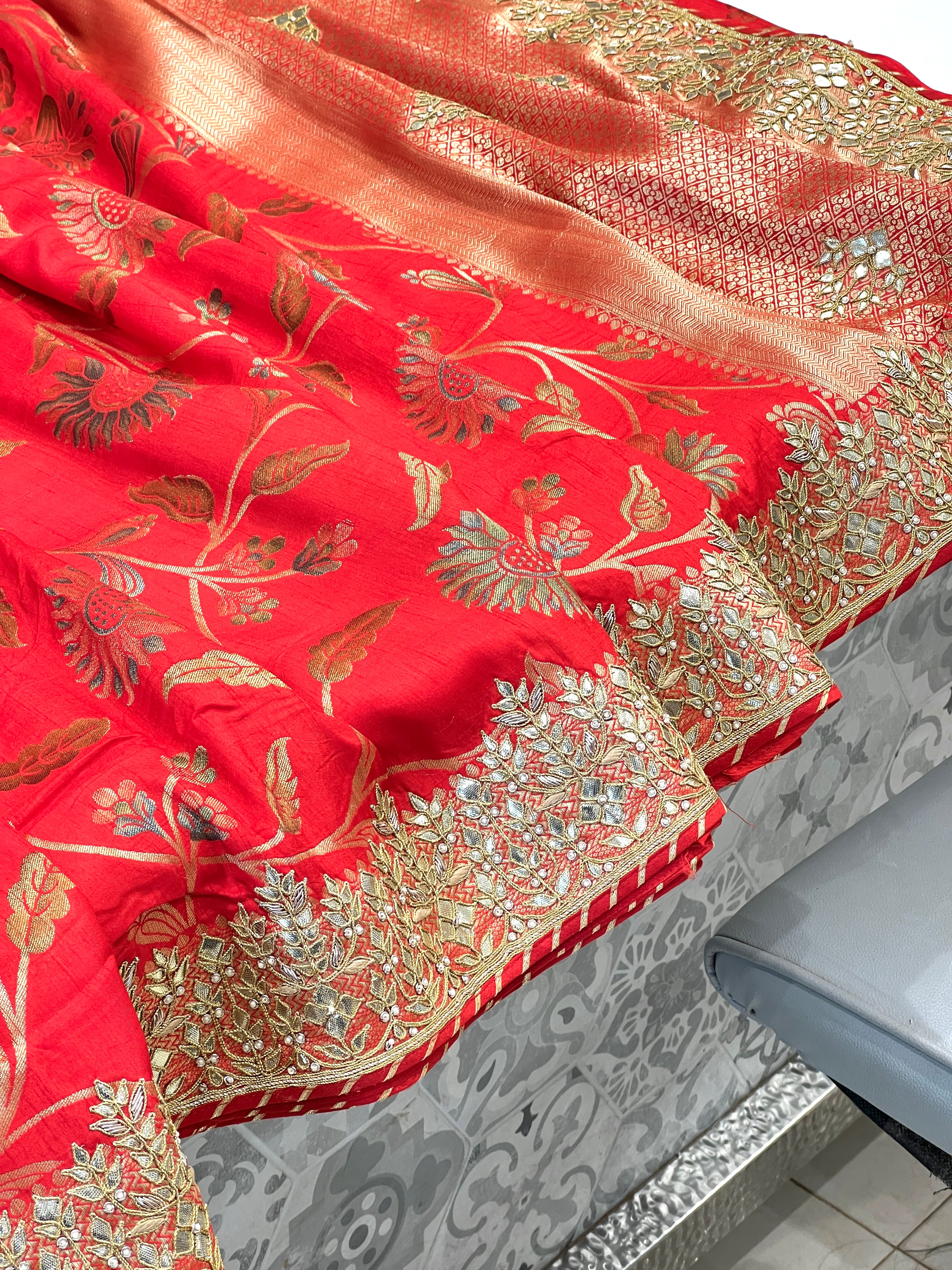 Red Munga Silk Hand Done Gotapatti Saree