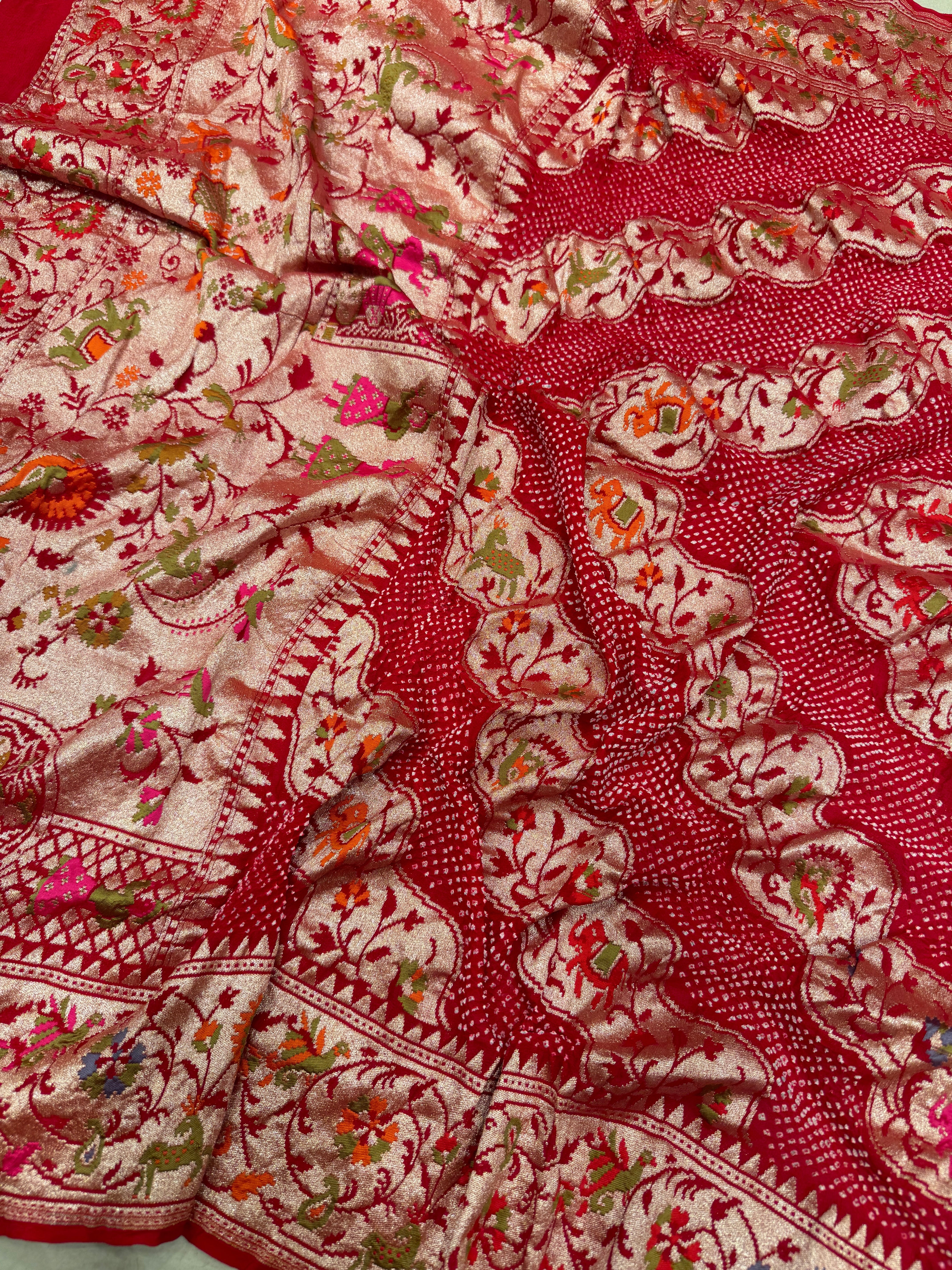 Red Leheriya Style Handloom Meenakari Rai Bandhej Pure Zari Dupatta