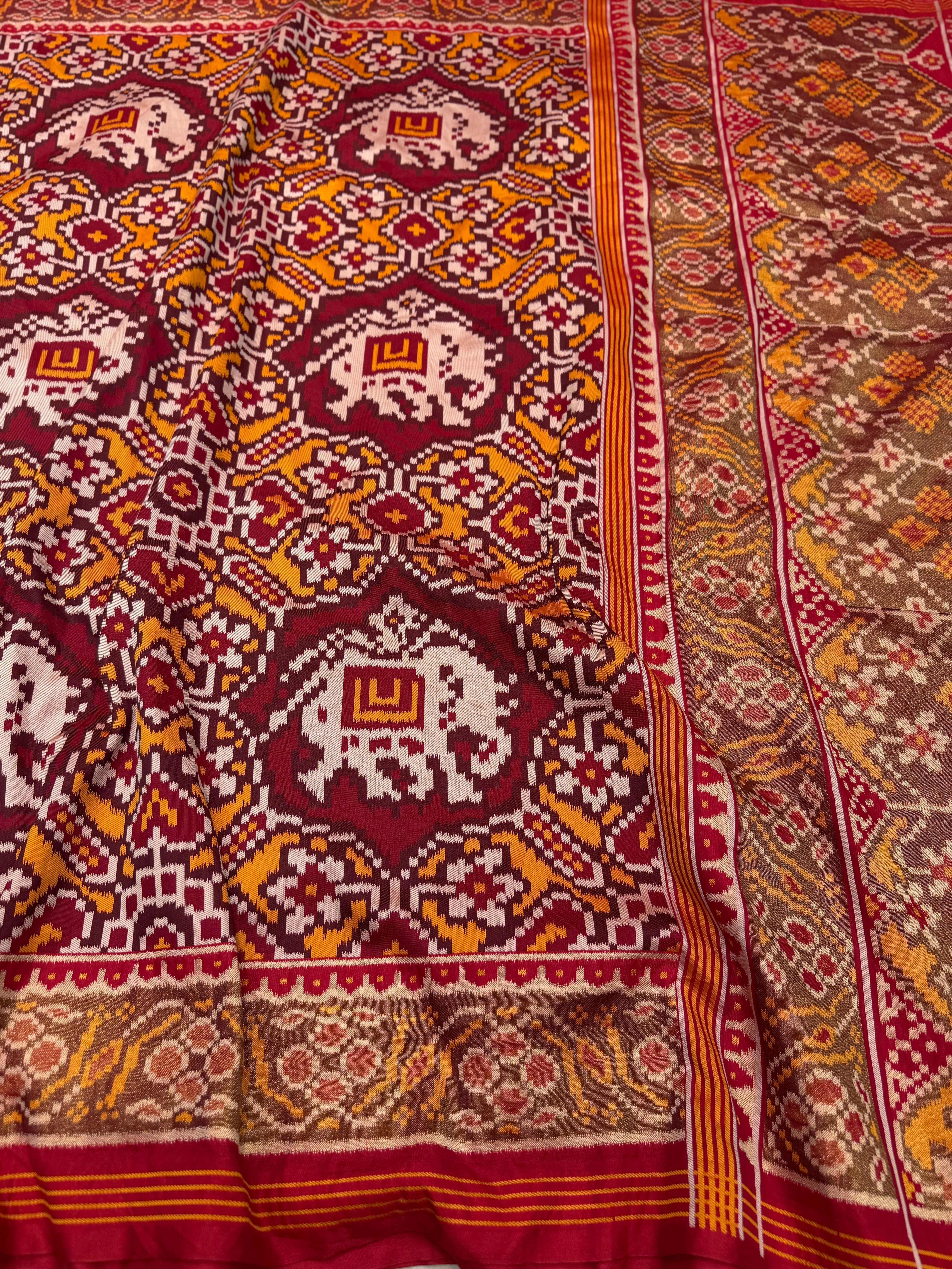 Maroon Mustard Semi Silk Weaved Patan Patola Saree