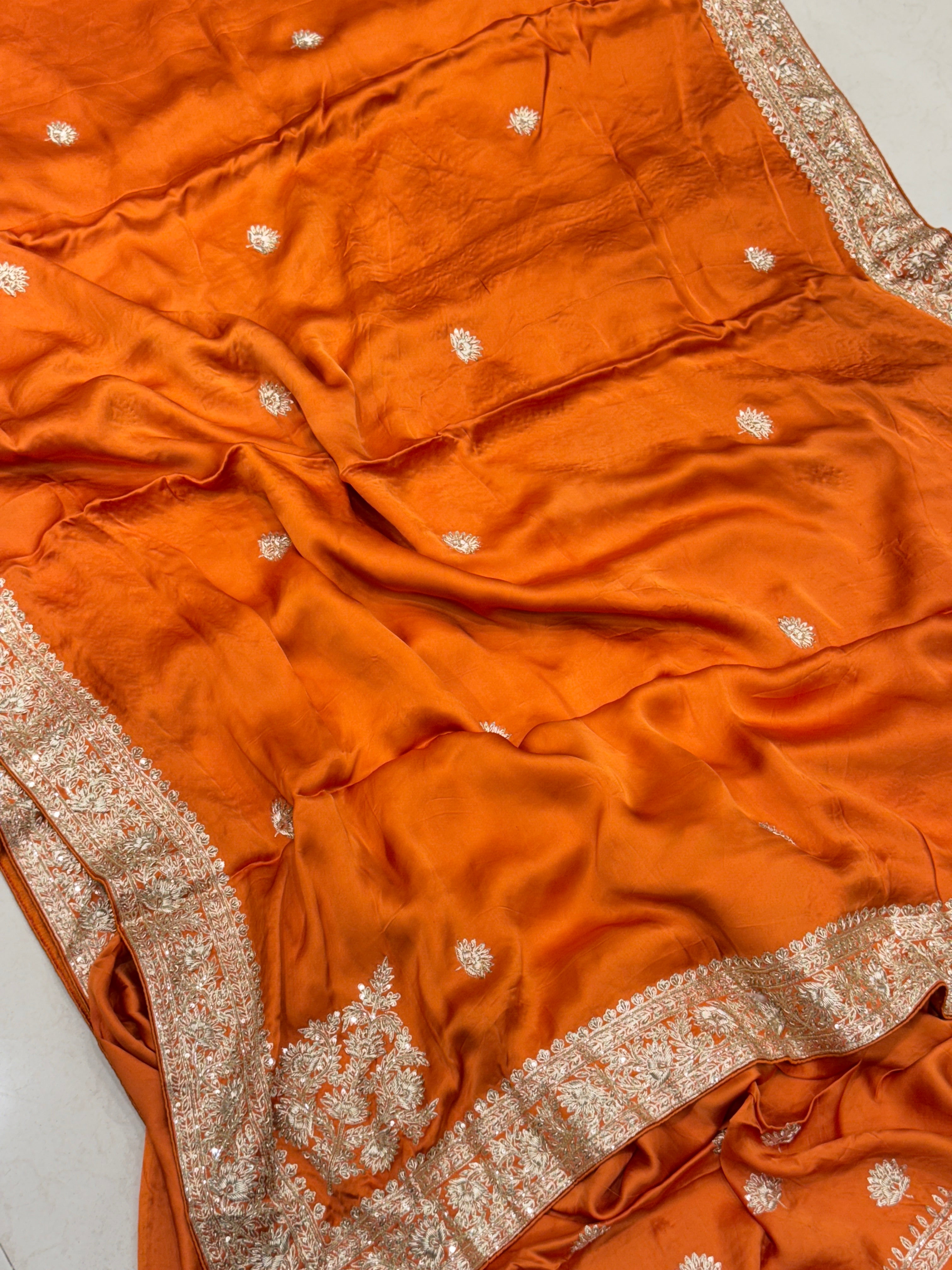 Rust Orange Buttis Pure Satin Hand Embroidery Zardosi Saree