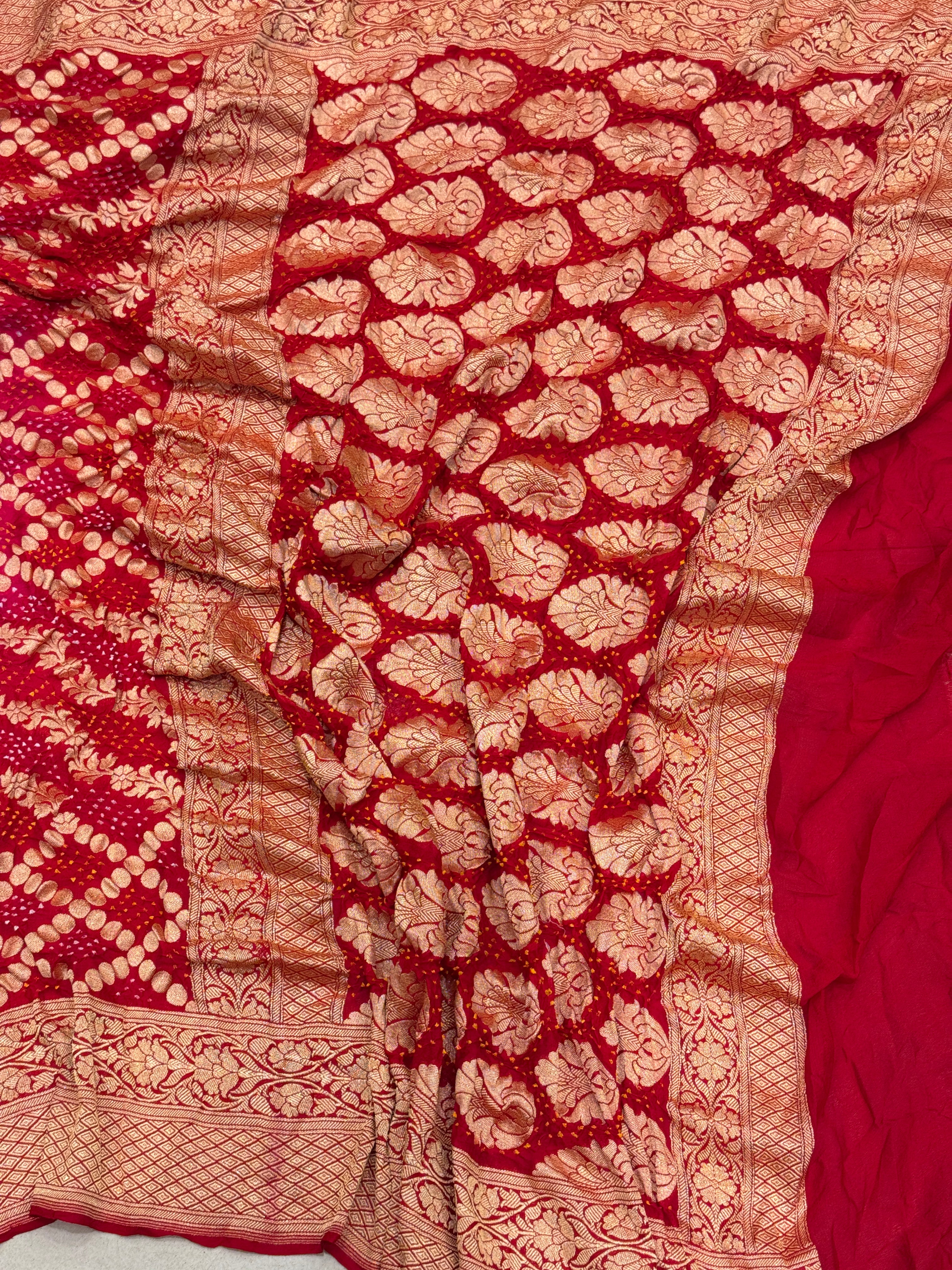 Red Rani Shaded Bandhej Bandhini Saree