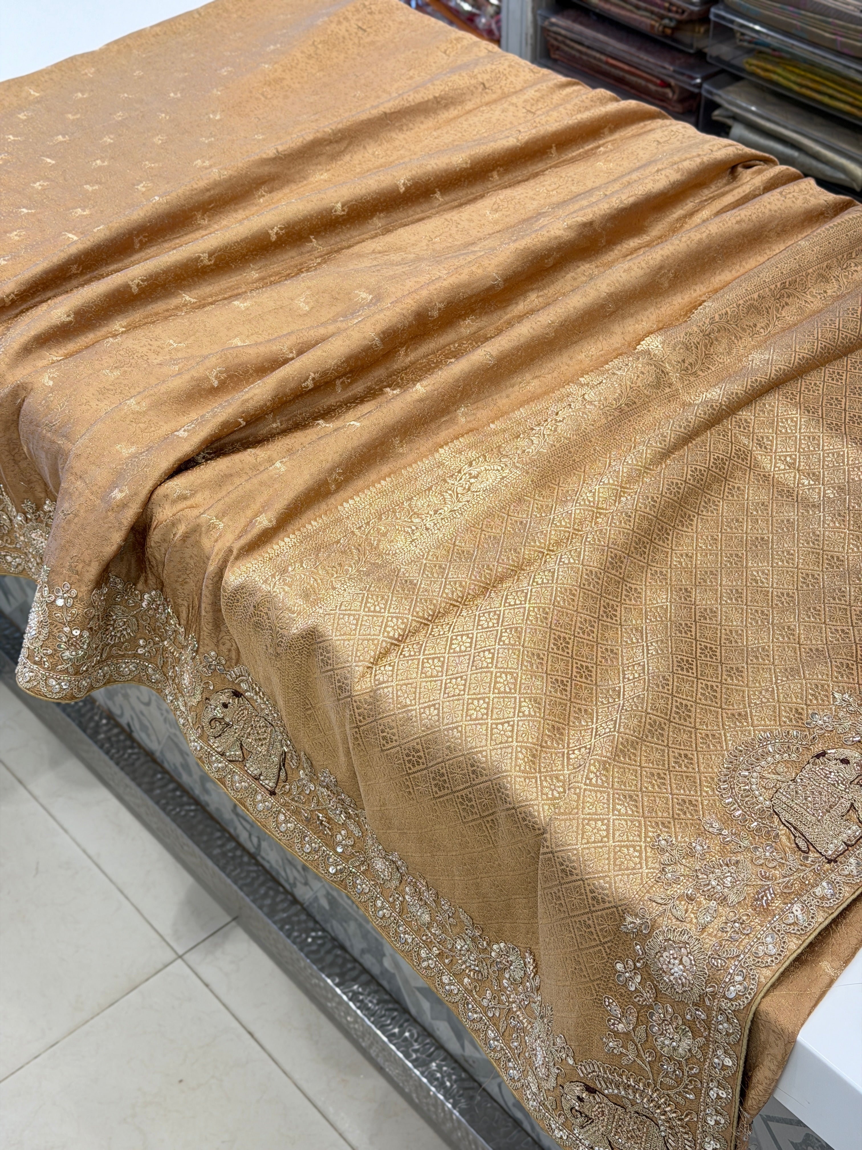 Dark Beige Banarasi Mushru Silk Elephant Motif Embroidery Saree