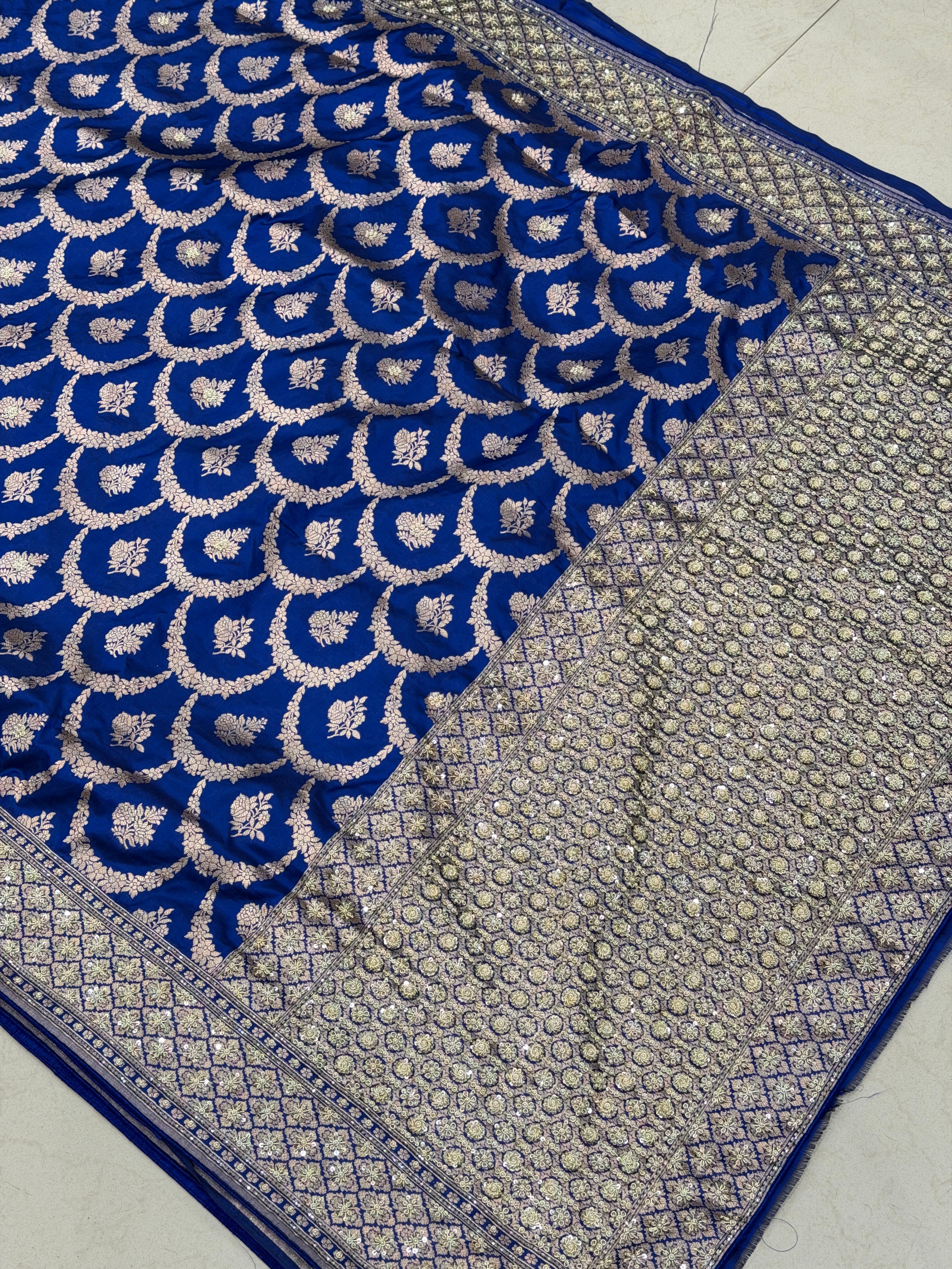 Blue Handloom Banarasi Katan Zardosi Hand Embroidery Saree