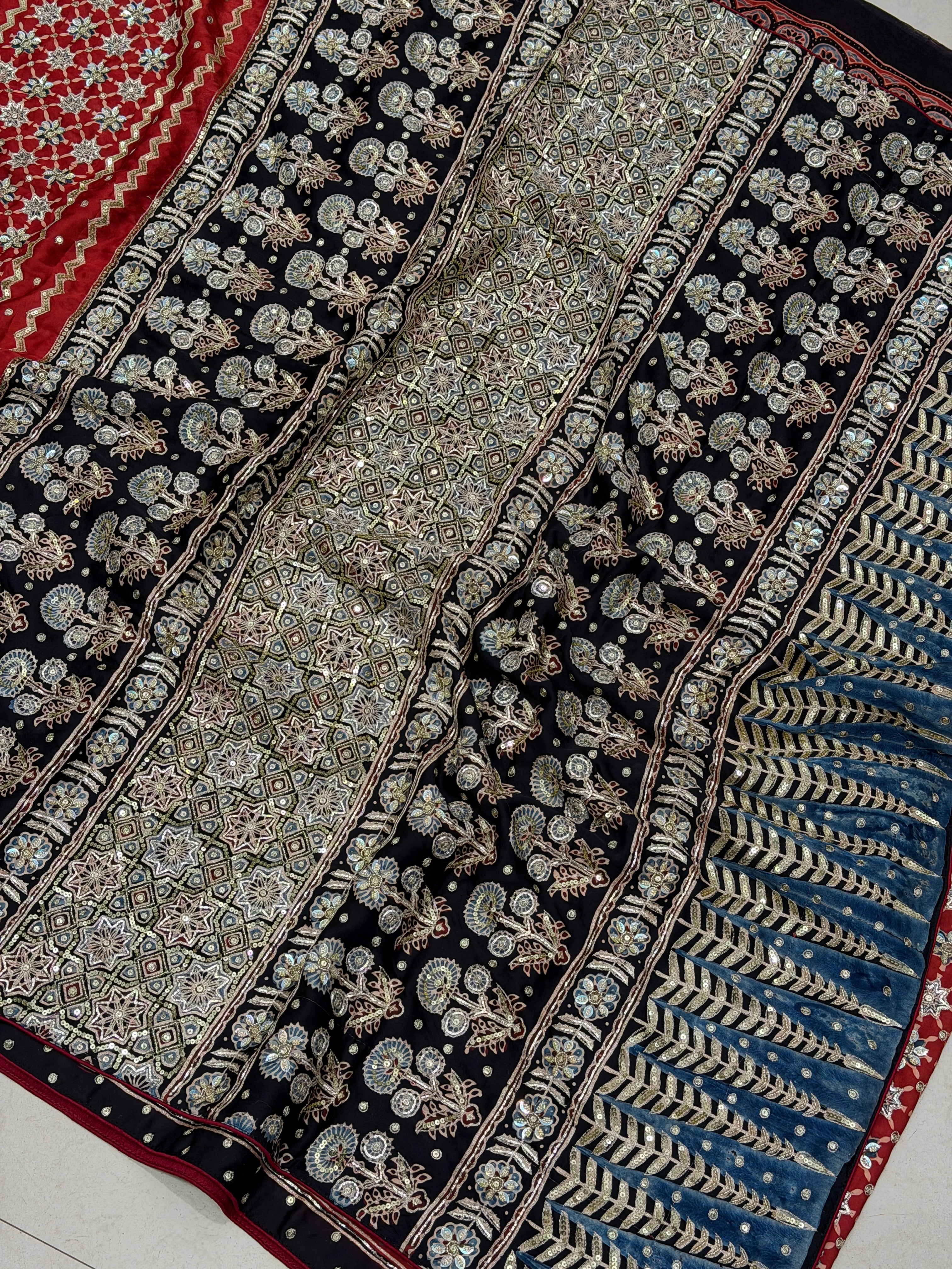 Red Black Jaal Pita Sequin Ajrakh Hand Embroidery Saree