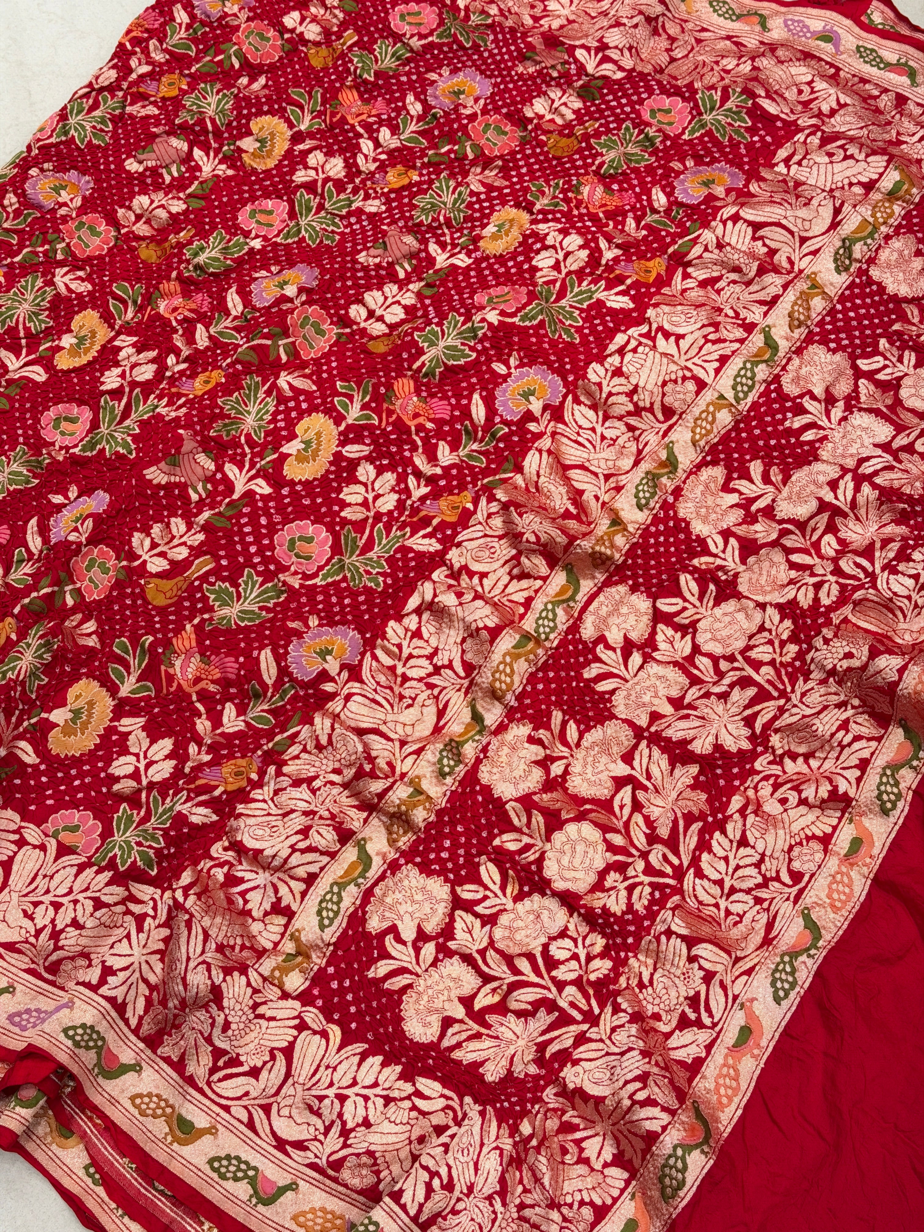 Red Meenakari Meenakari Jaal Peacock Motif Pure Handloom Bandhej Georgette Saree