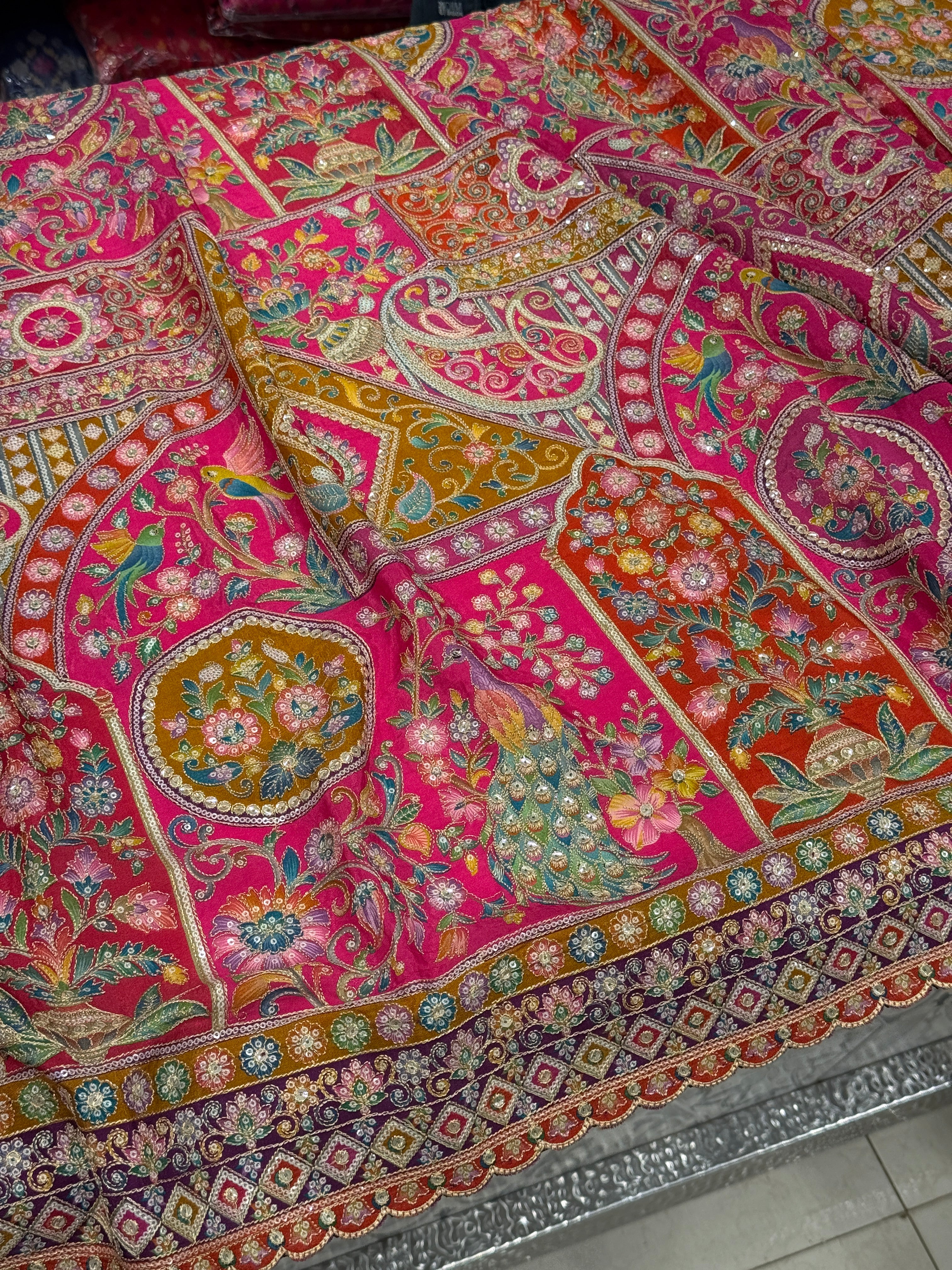 Rani Meenakari Crepe Banarasi Pita Embroidery Saree