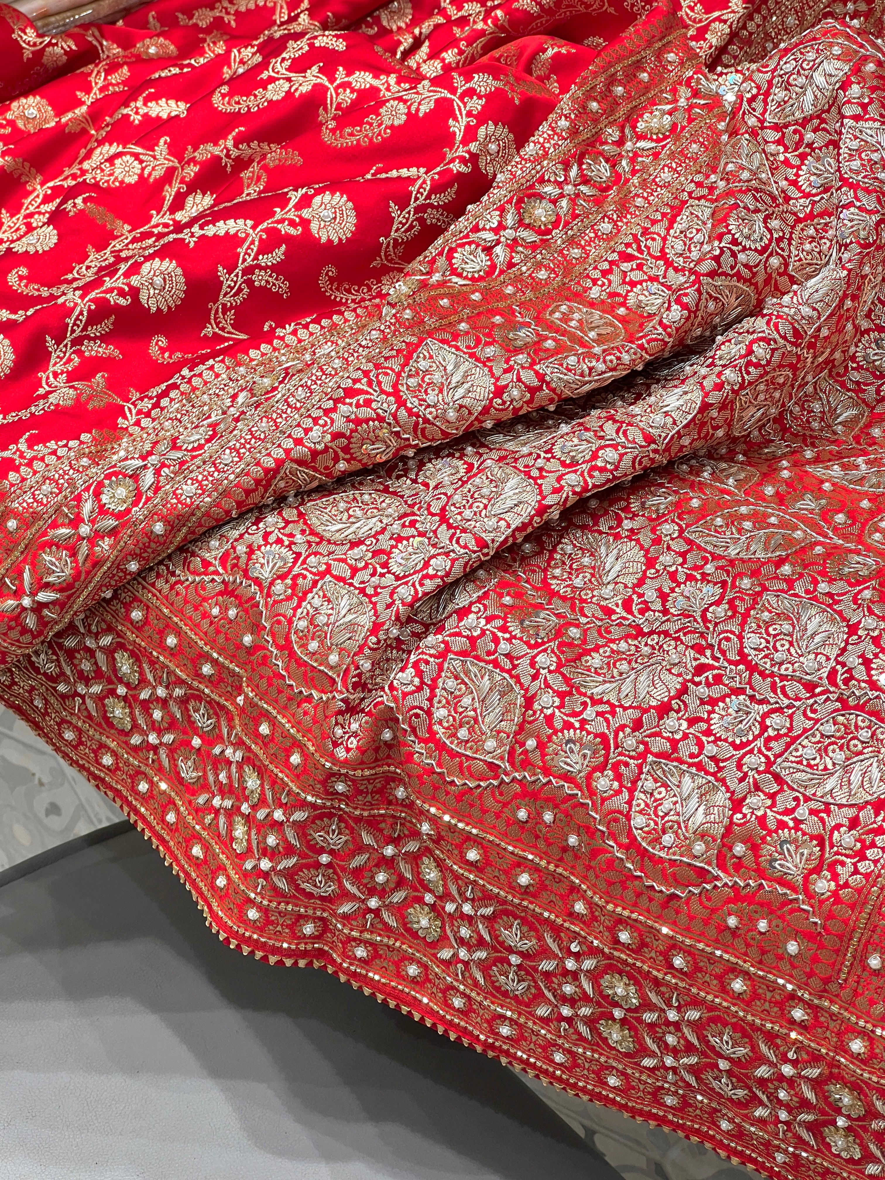 Red Banarasi Leaf Pallu Zardozi Hand Embroidery Saree