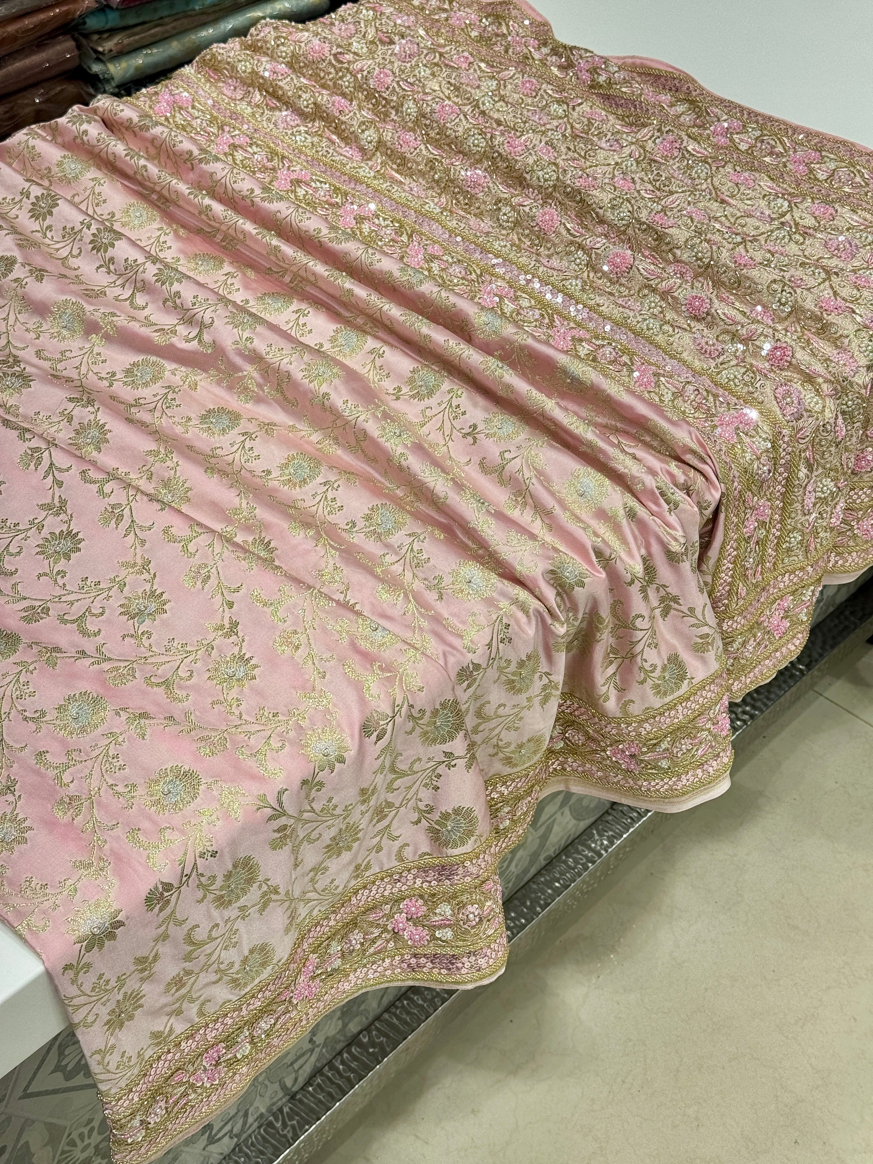 Light Pink Banarasi Small Jaal Zardosi Fancy Moti Hand Embroidery Saree