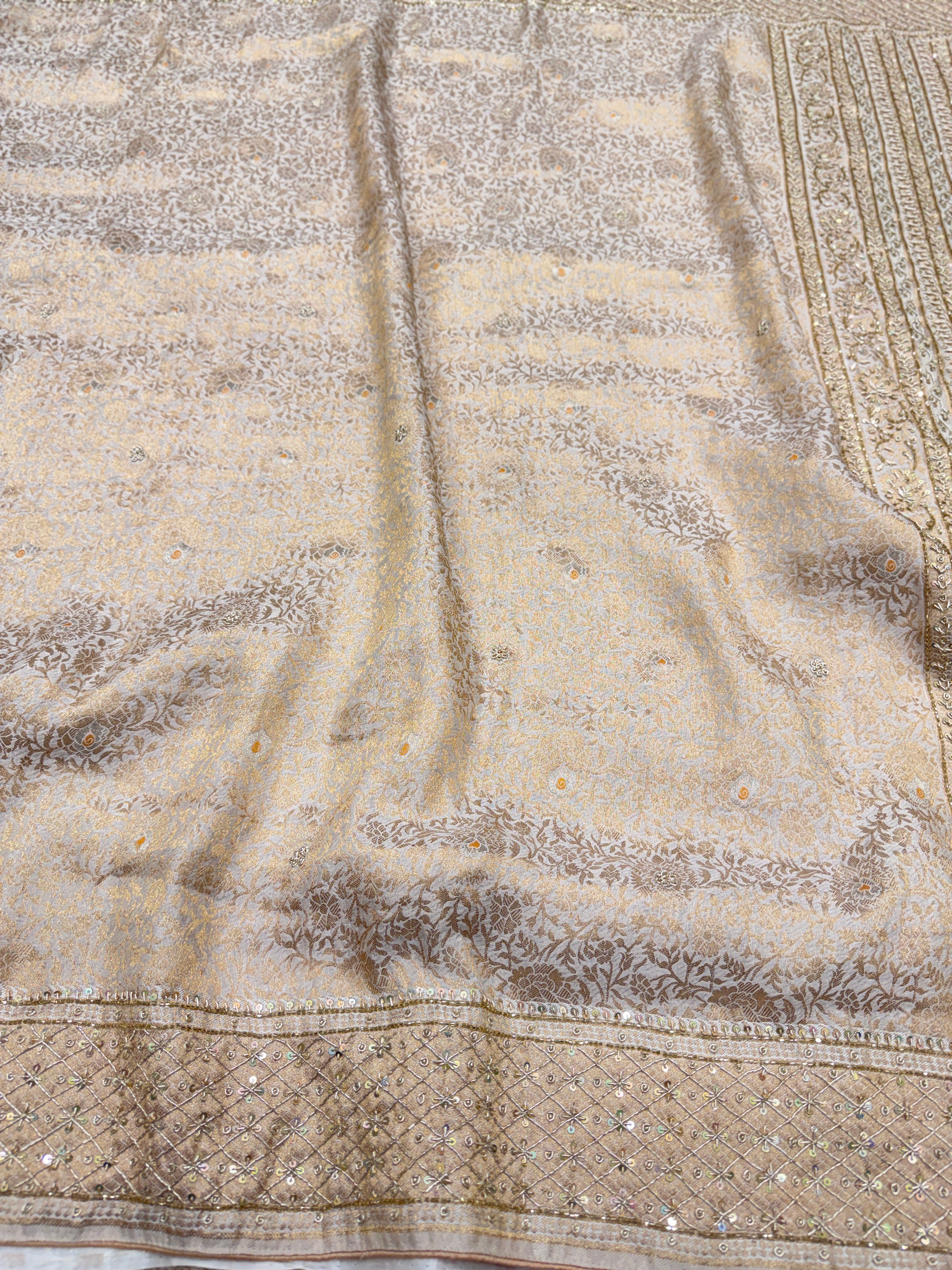 Beige Banarasi Crepe Tissue Zardosi Hand Embroidery Saree