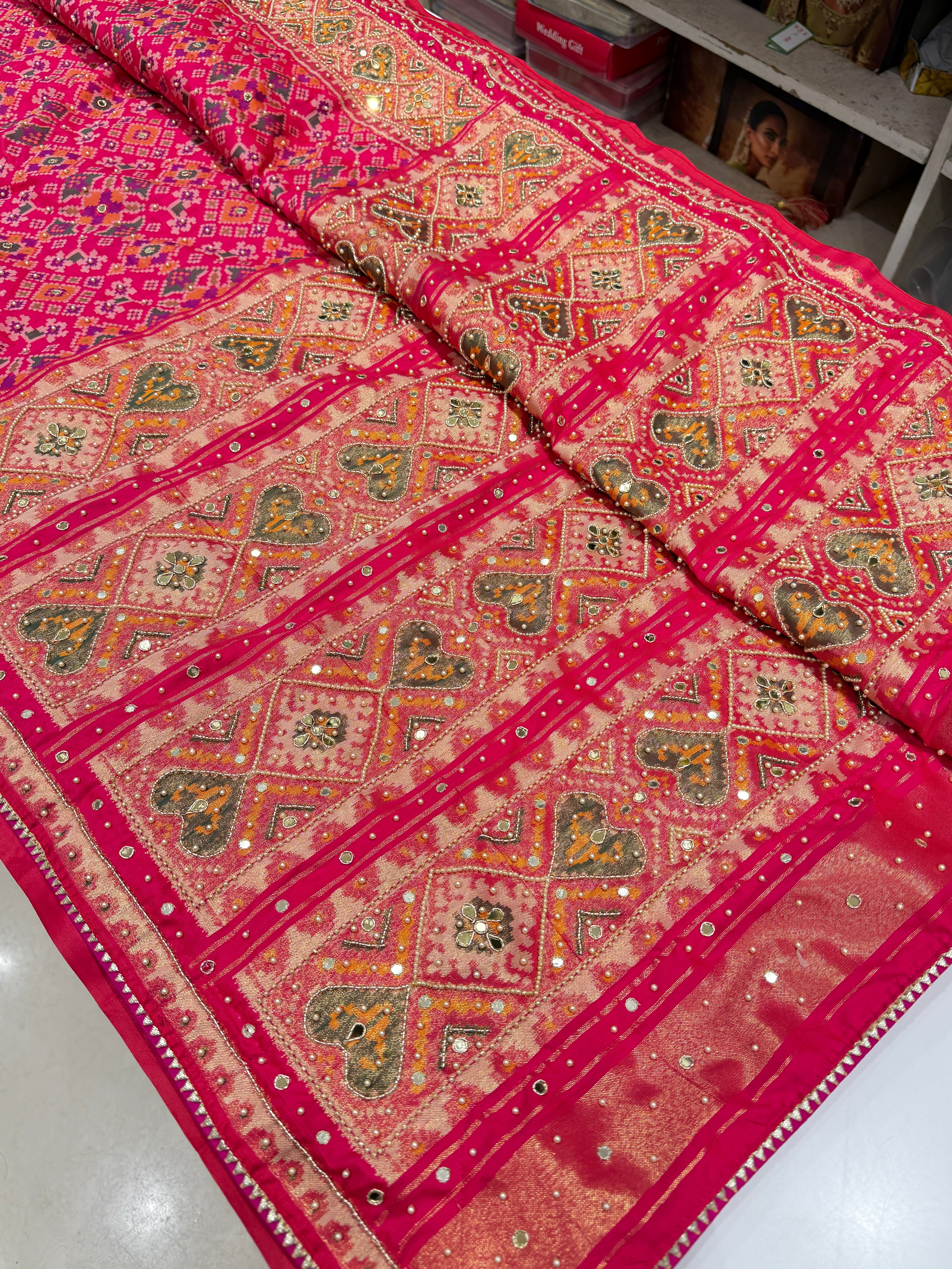 Rani Patola Moti Kutchi Embroidered Saree