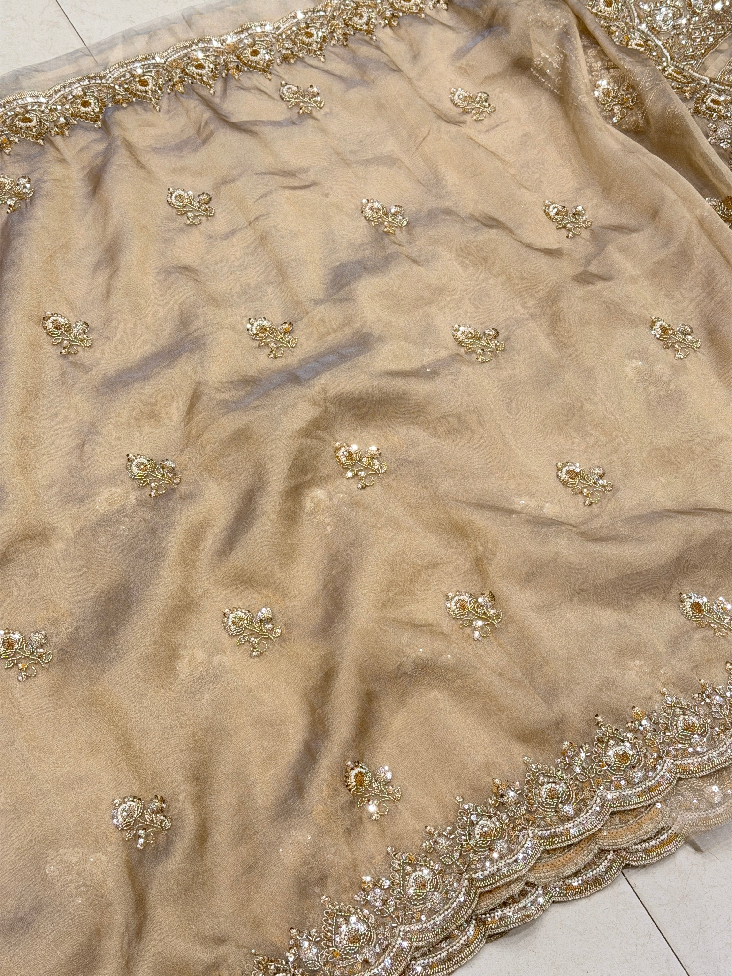 Gold Tissue Organza Moti Sequin Embroidery Heavy Blouse Saree