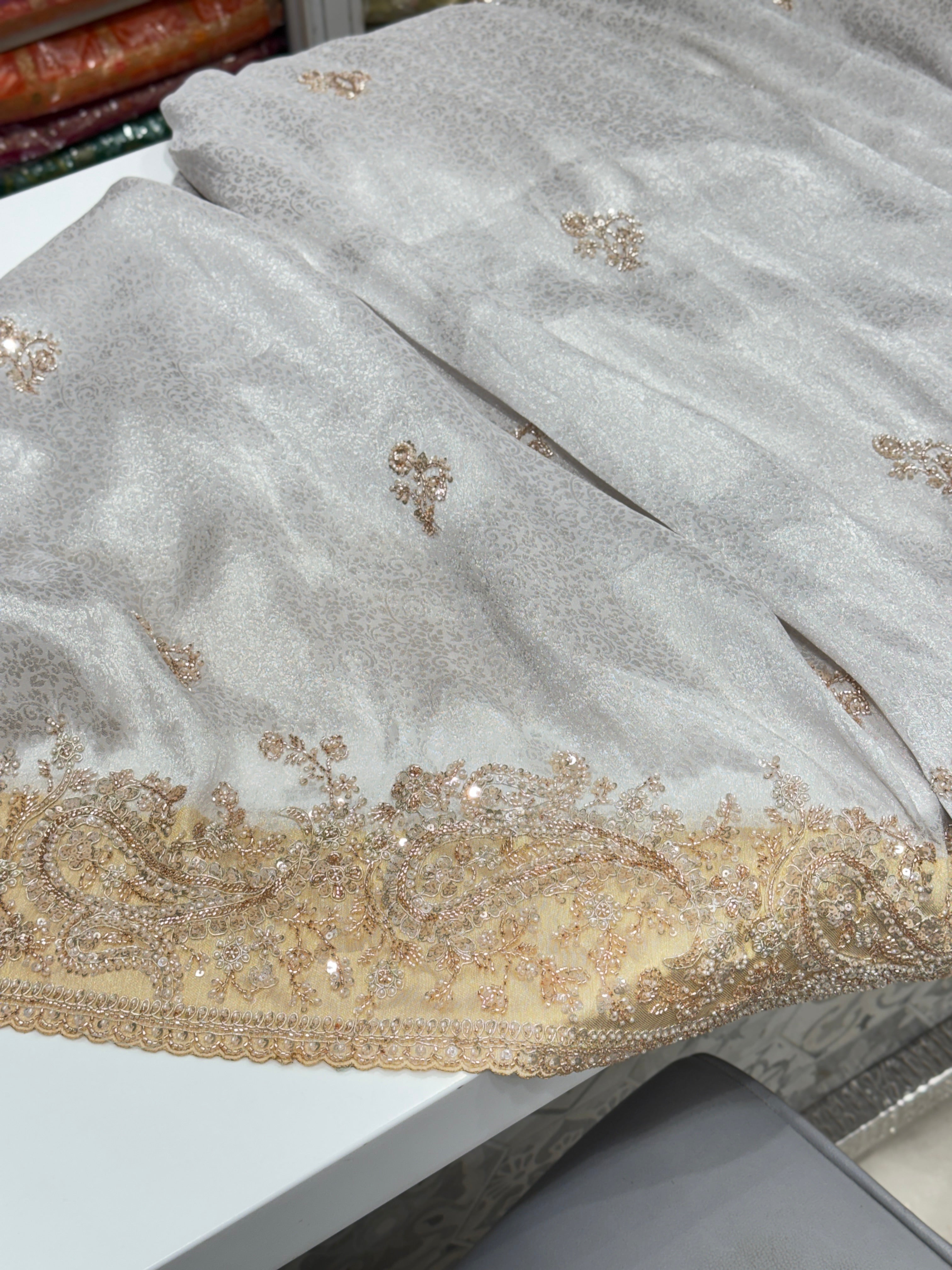 Silver Gold Floral Weave Soft Silk Moti Crystal Embroidery Saree