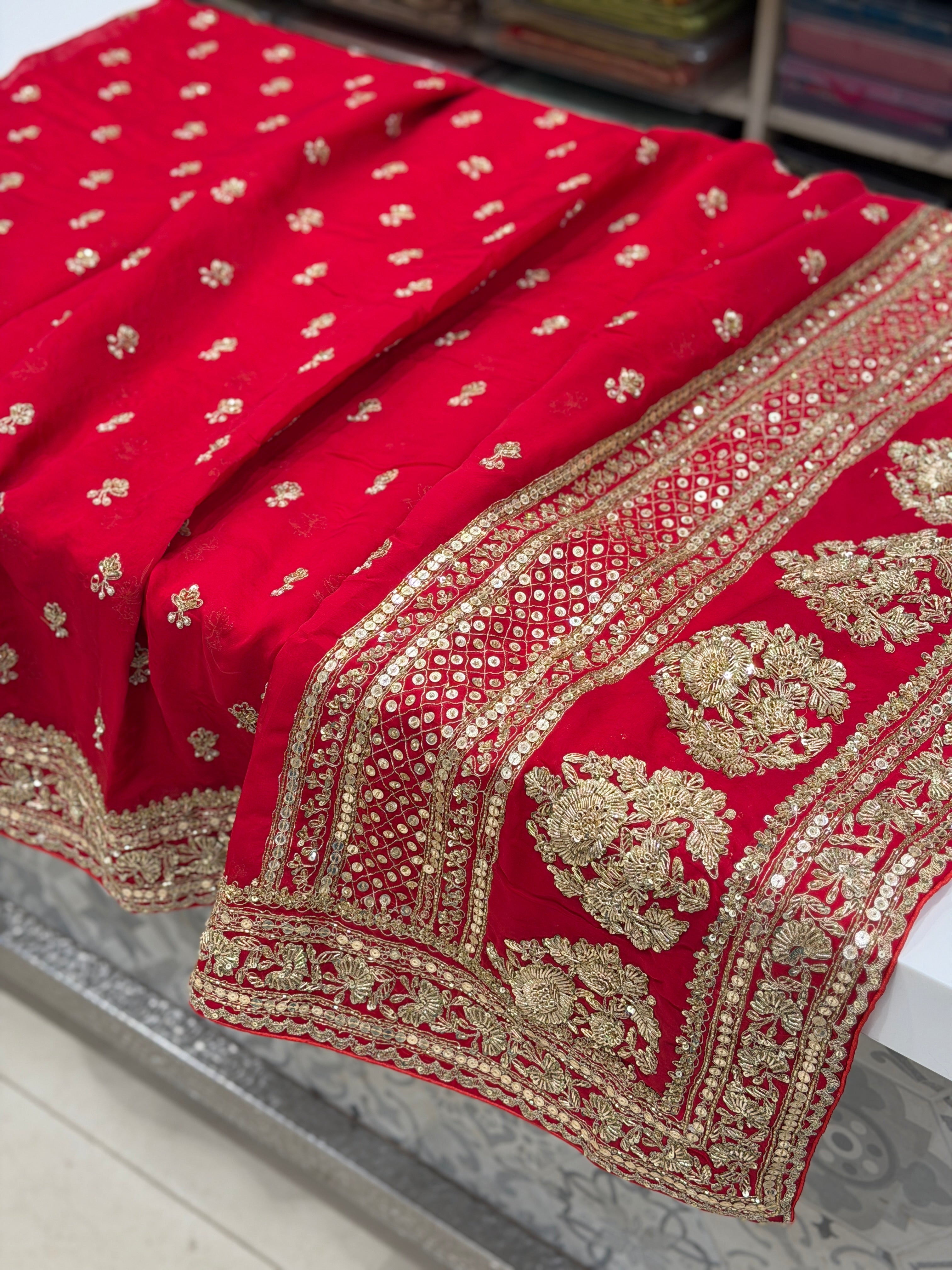 Red Satin Organza Sabyasachi Inspired Zardozi Butti Saree