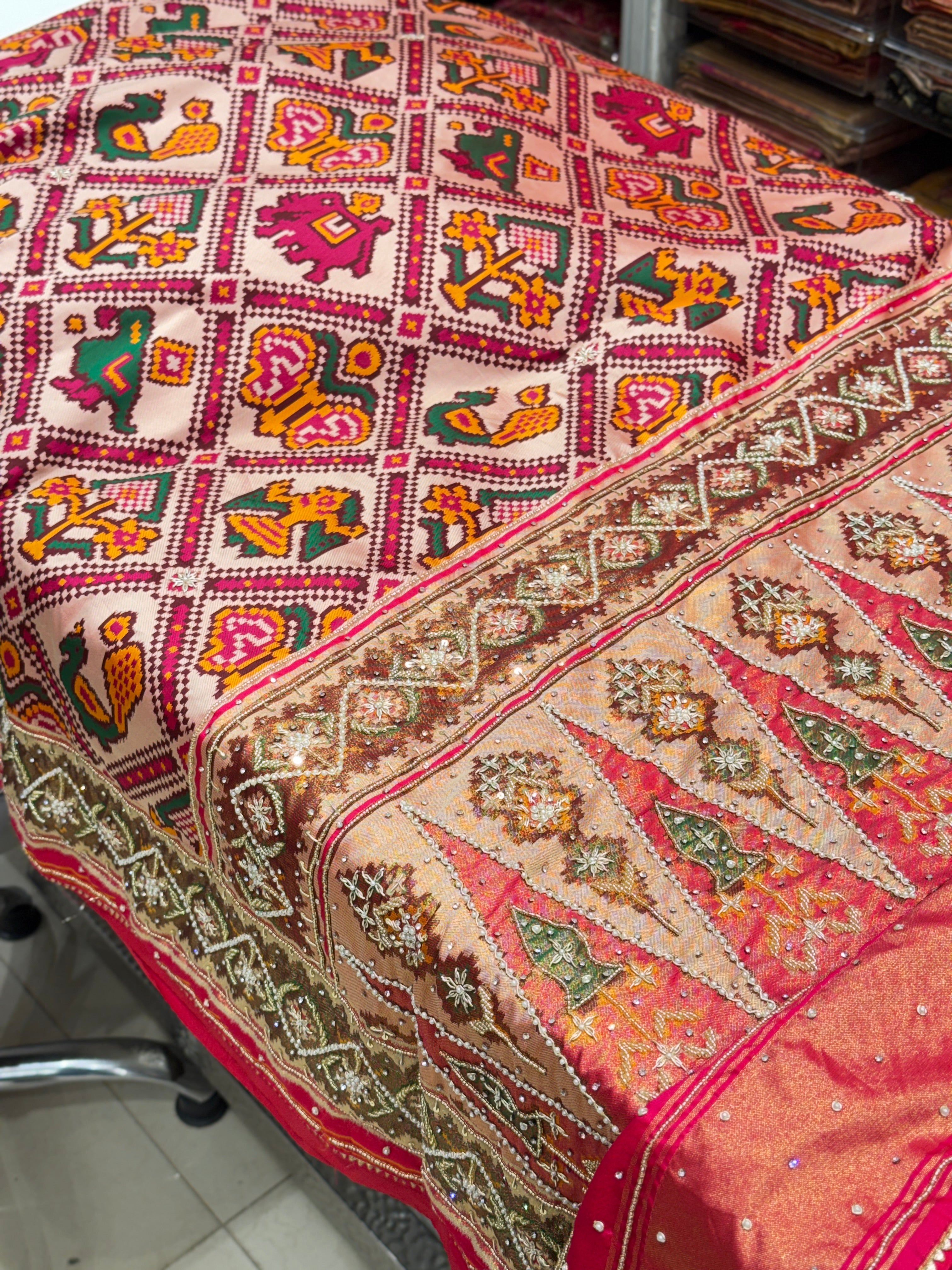 Rani Patola Rajkoti Style Weaved Hand Embroidery Saree