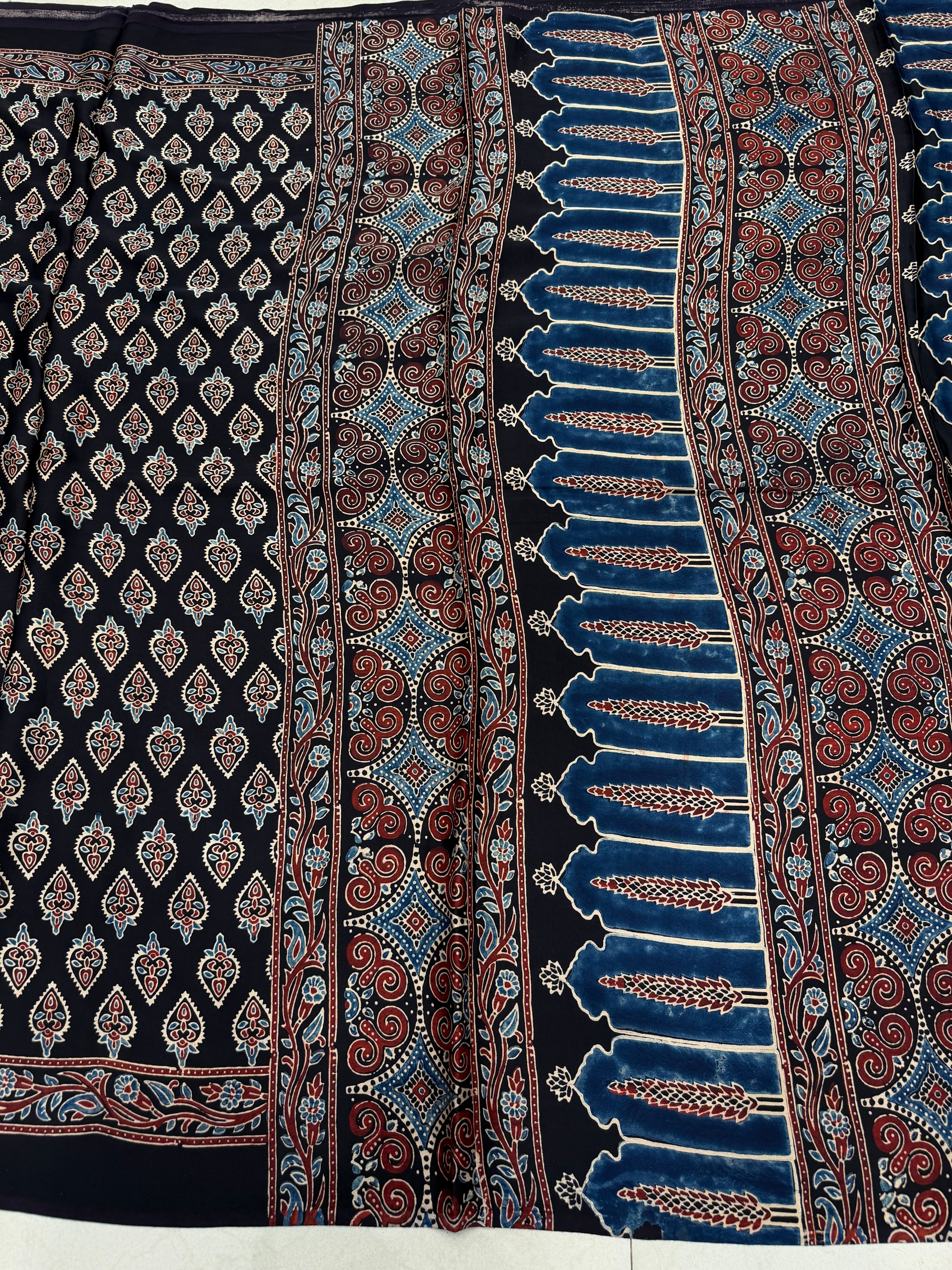 Black Keri Butta Ajrakh Block Print Hand Pure Gajji Silk Saree