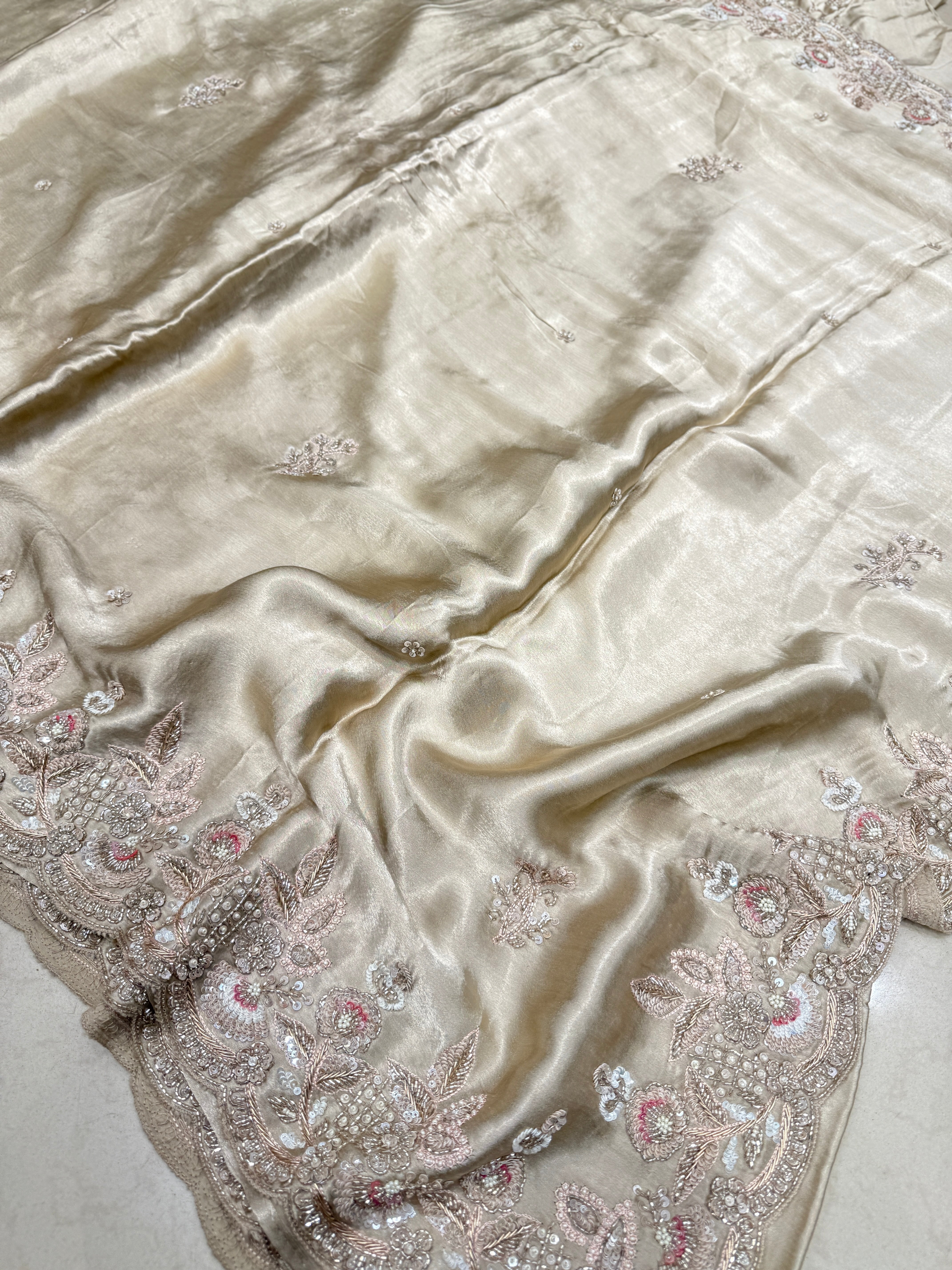 Champagne Satin Hand Embroidery Zardosi Saree