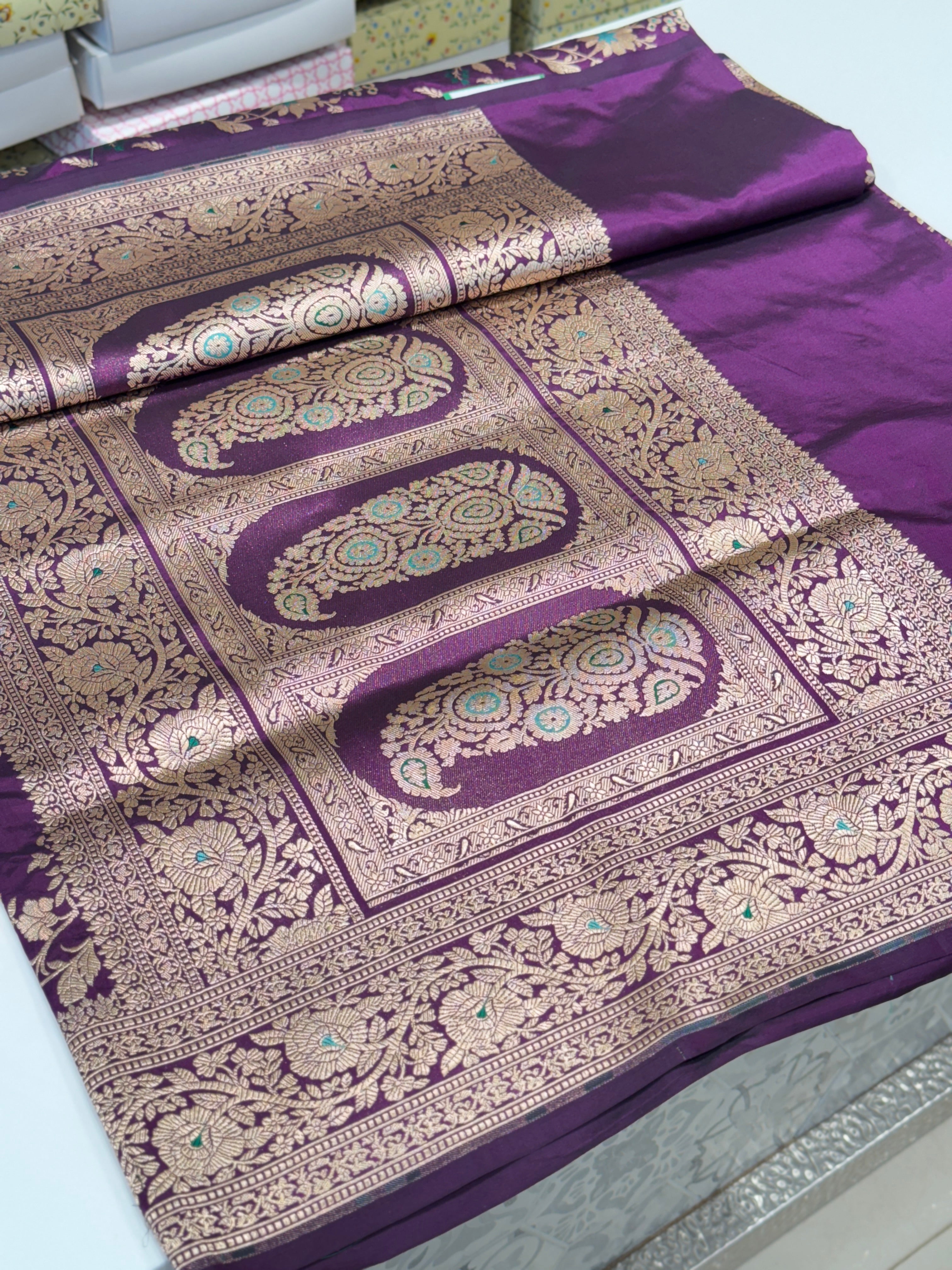 Violet Handloom Meenakari Katan Silk Saree Konai Pallu