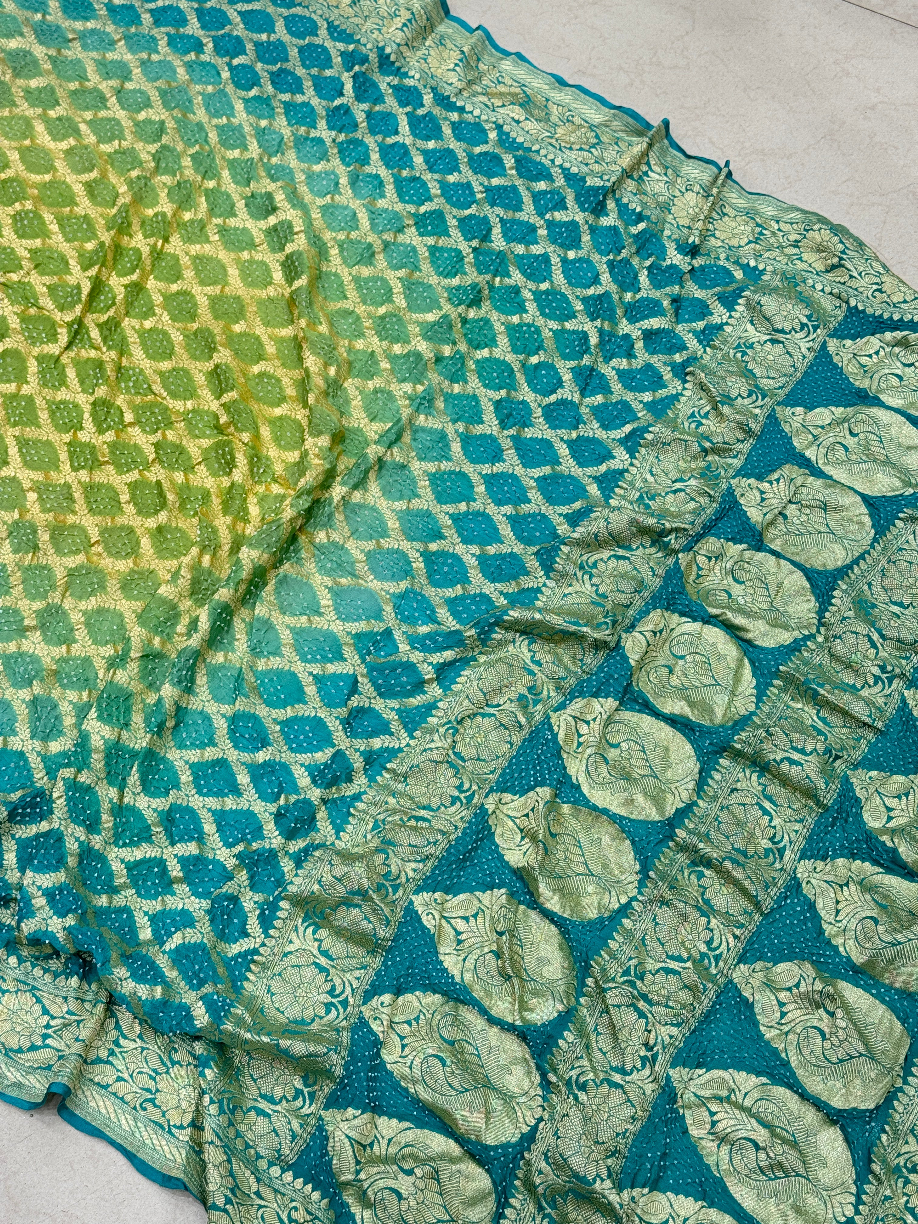 Shaded Green Blue Bandhej Bandhini Saree