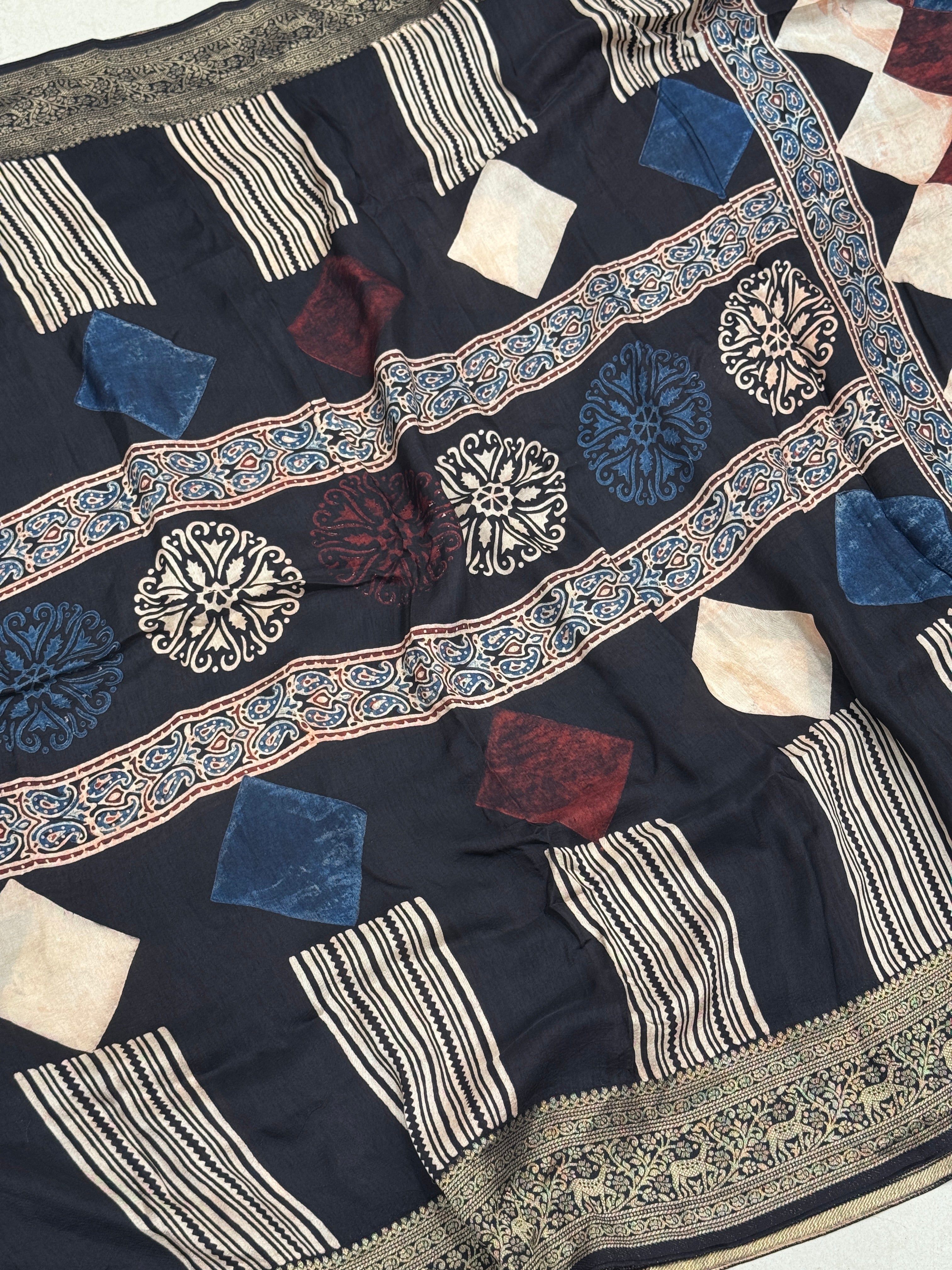 Contemporary Ajrakh Border Pallu Weaved Hand Block Print Saree