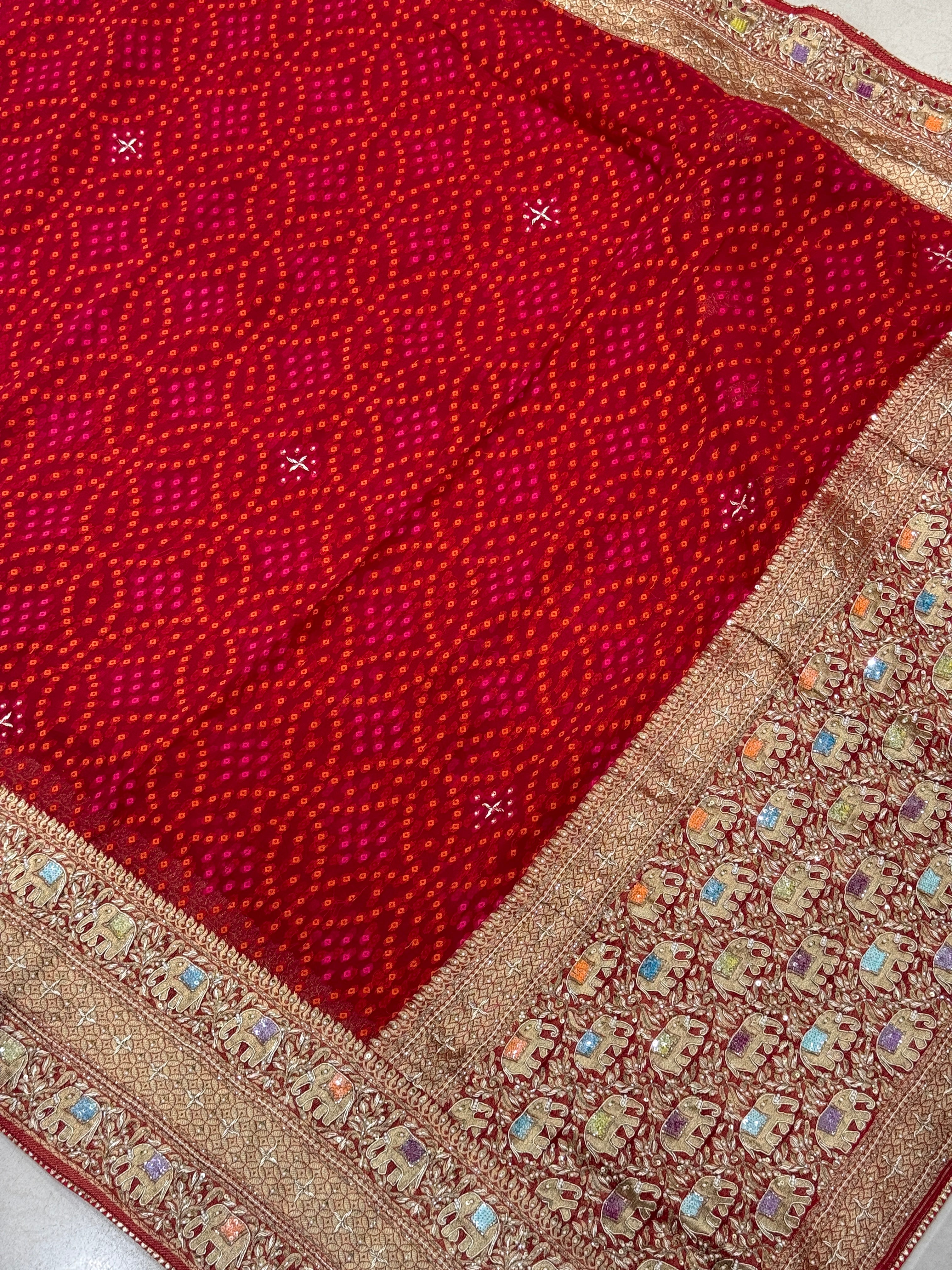 Red Bandhej Georgette Elephant Theme Hand Embroidery Saree