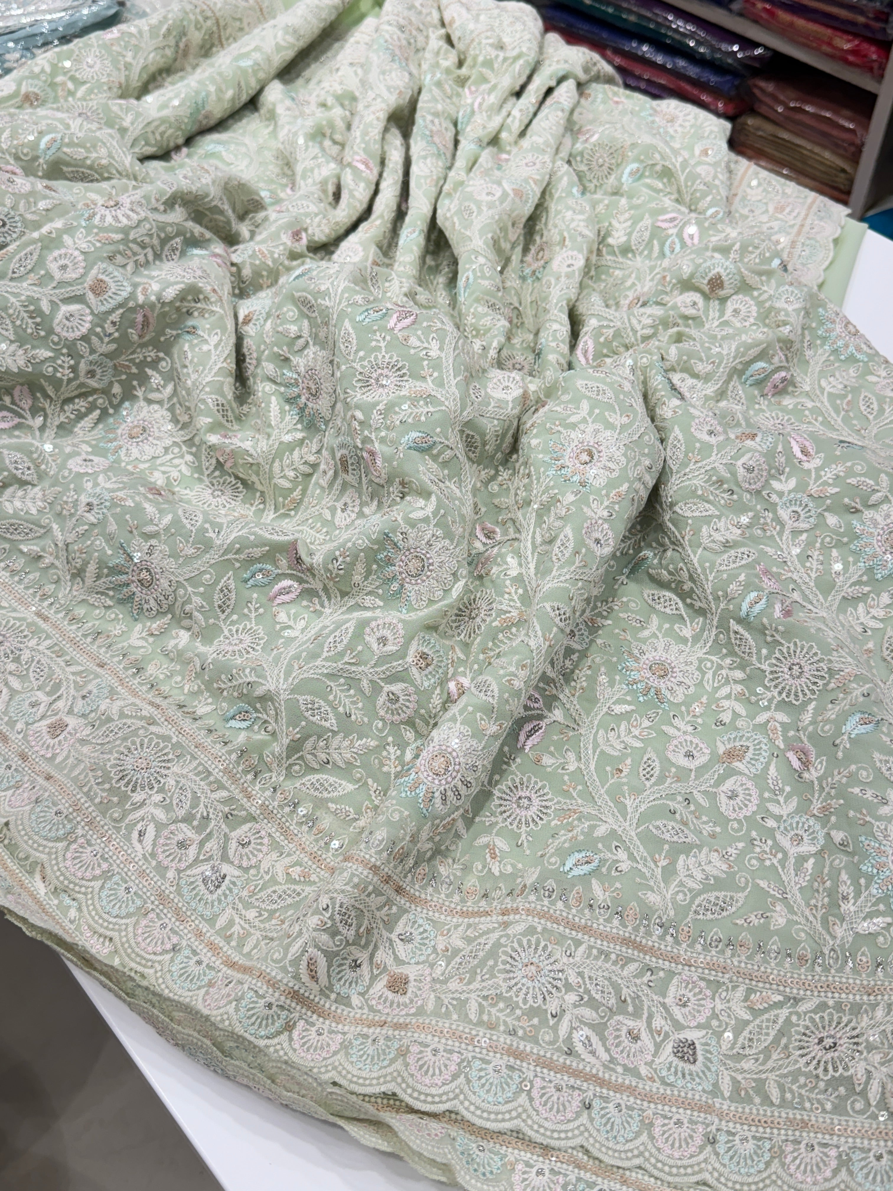Pista Green Meenakari Chikankari Scallop Design Saree