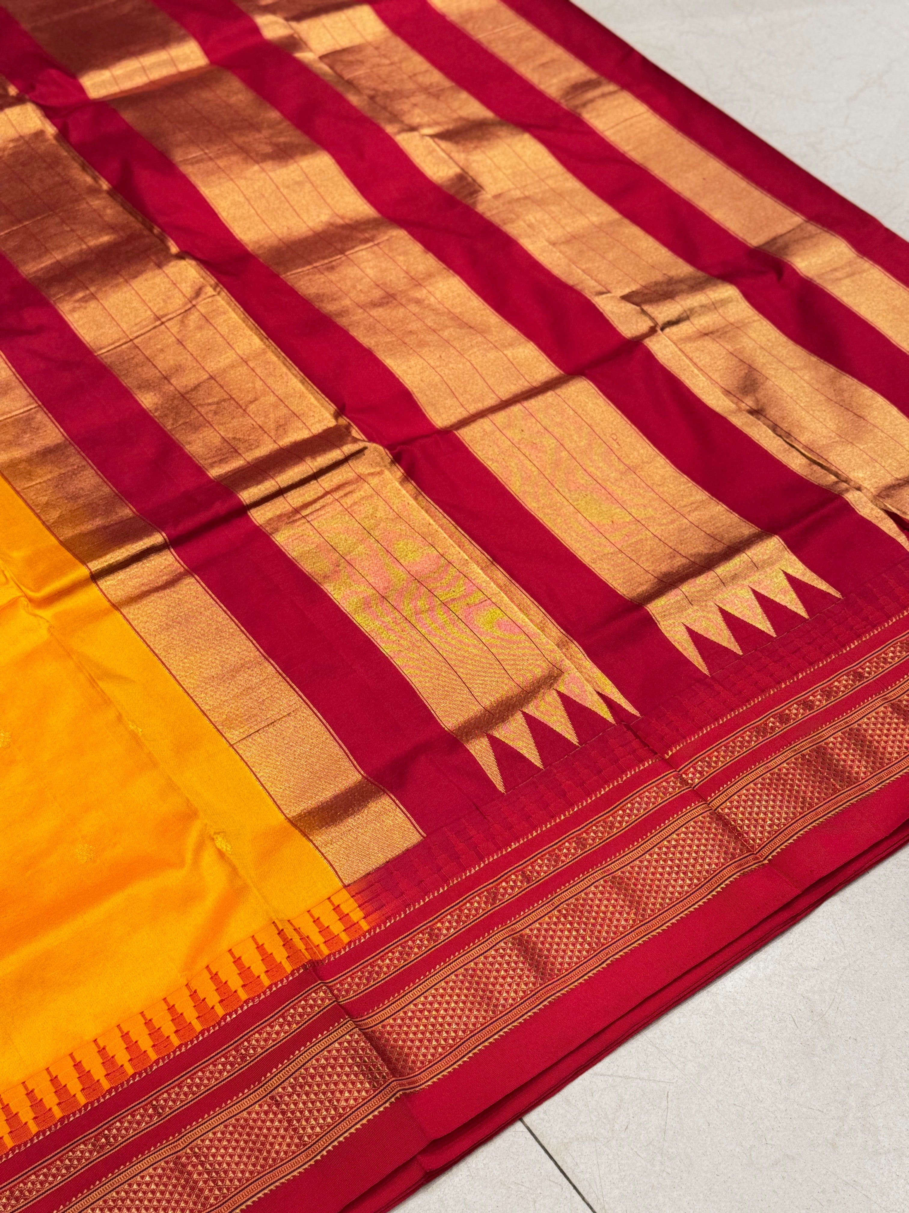 Mustard Yellow Red Silk Saree