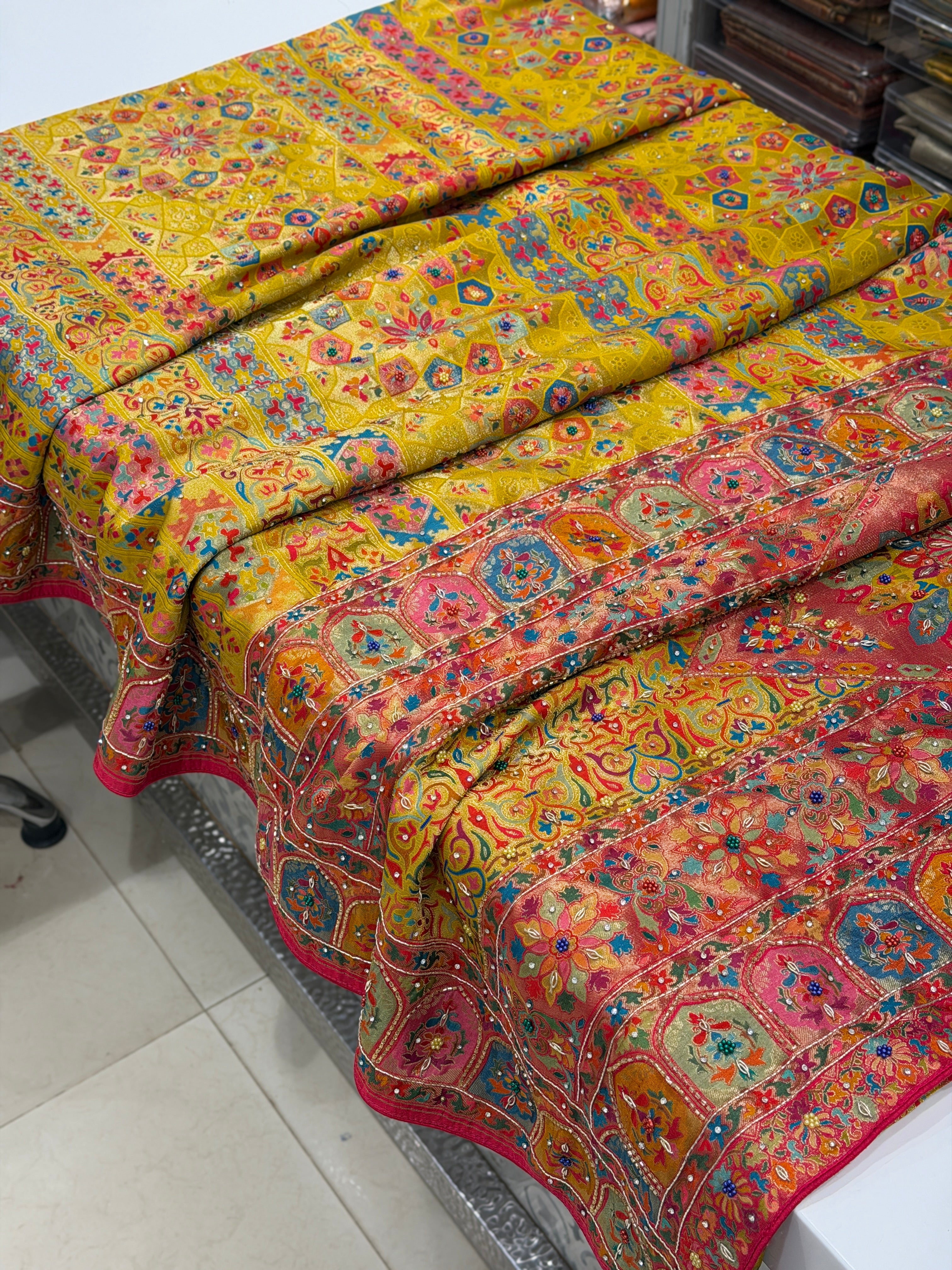 Yellow Banarasi Munga Pashmina Style Hand Embroidery Saree