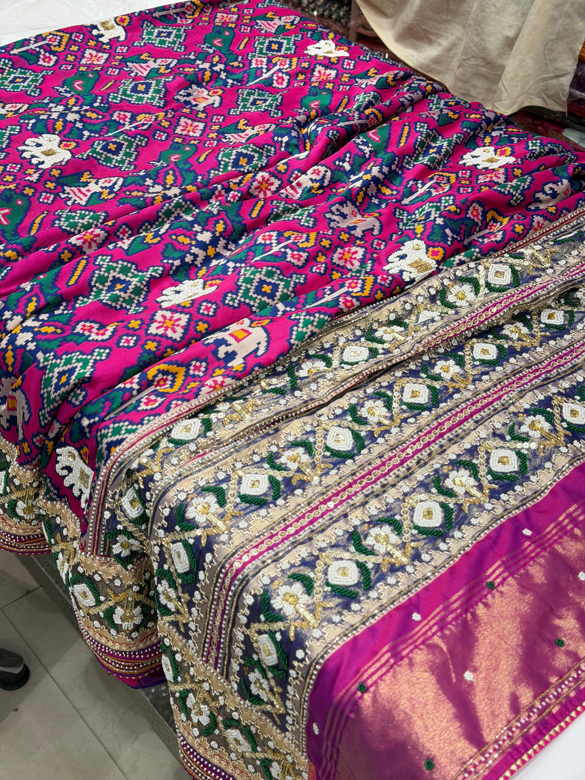 Rani Magenta Semi Silk Patola Kidiya Moti Hand Embroidery Saree