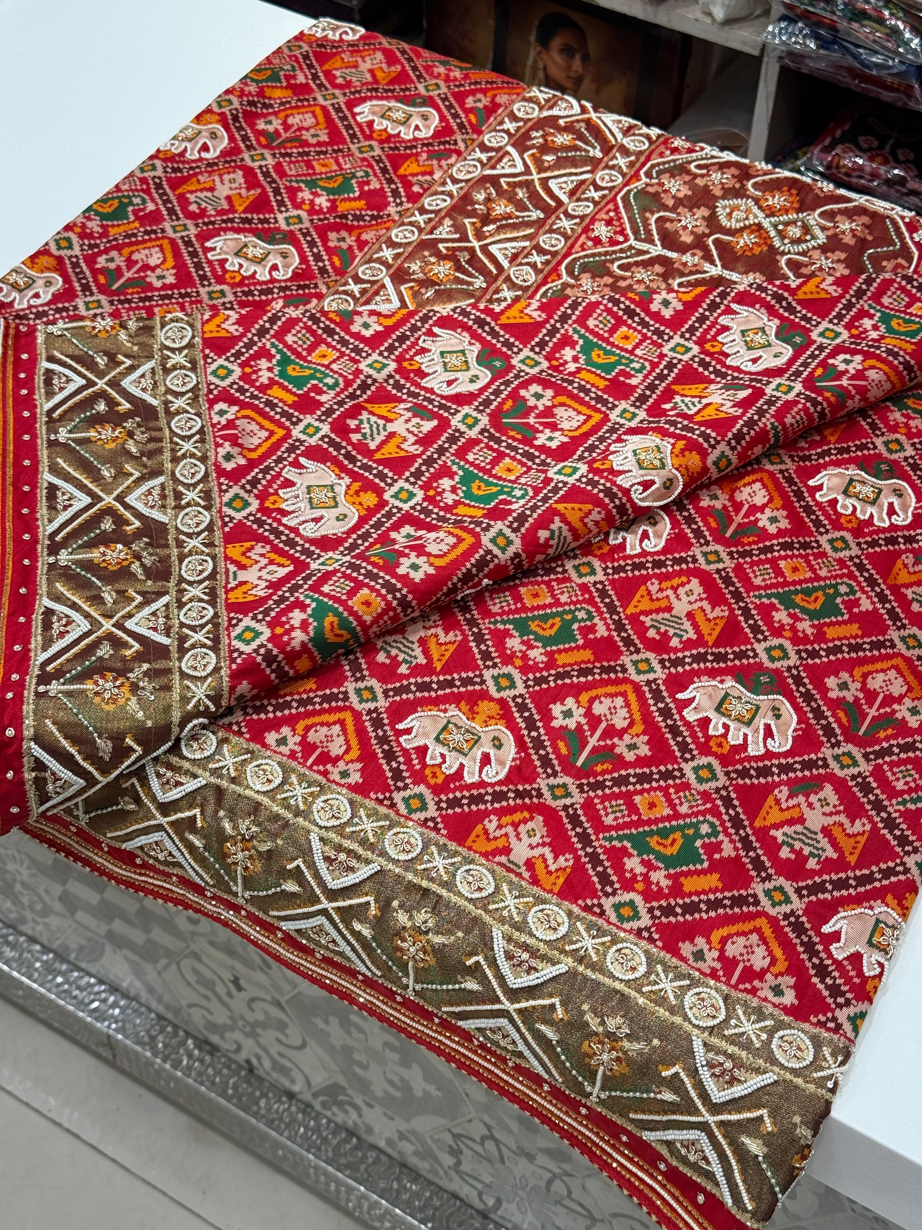 Red Patola Chhabdi Bhat Kidiya Moti Hand Embroidery Patola Saree