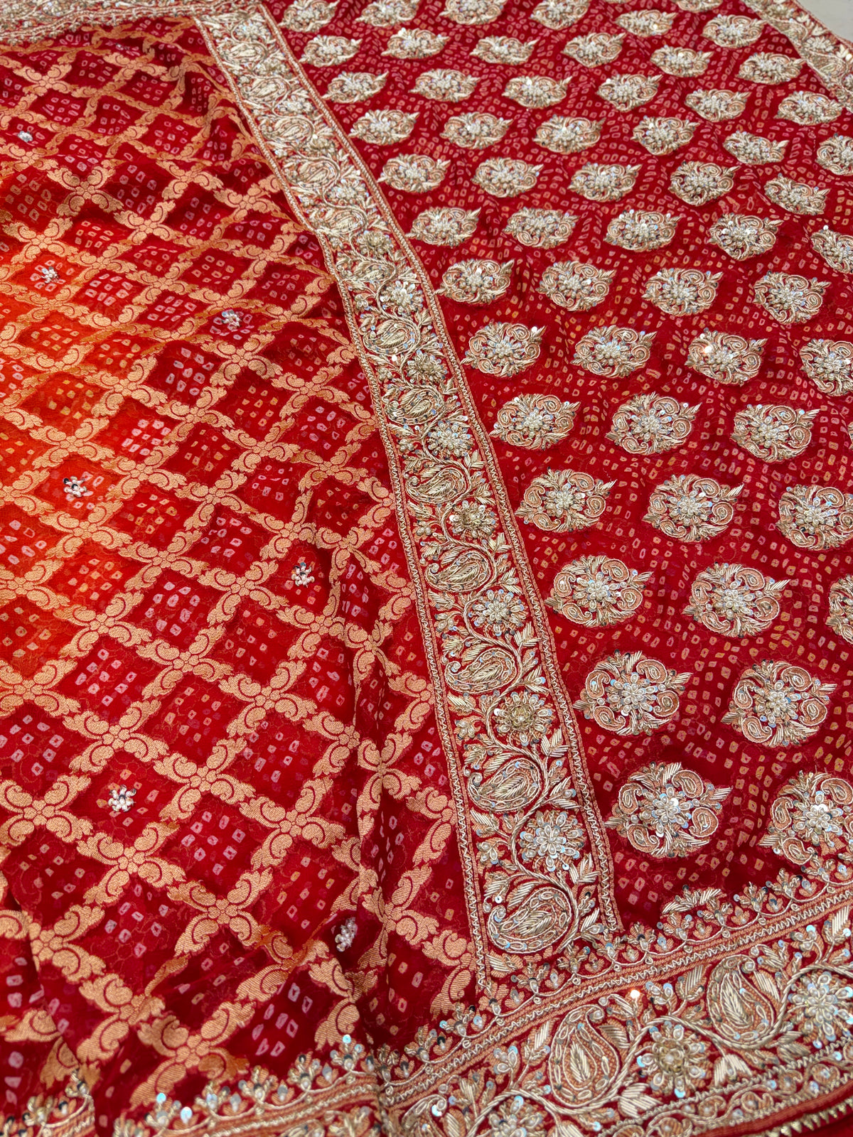 Red Orange Shaded Bandhej Georgette Saree Zardosi Hand Embroidery Saree