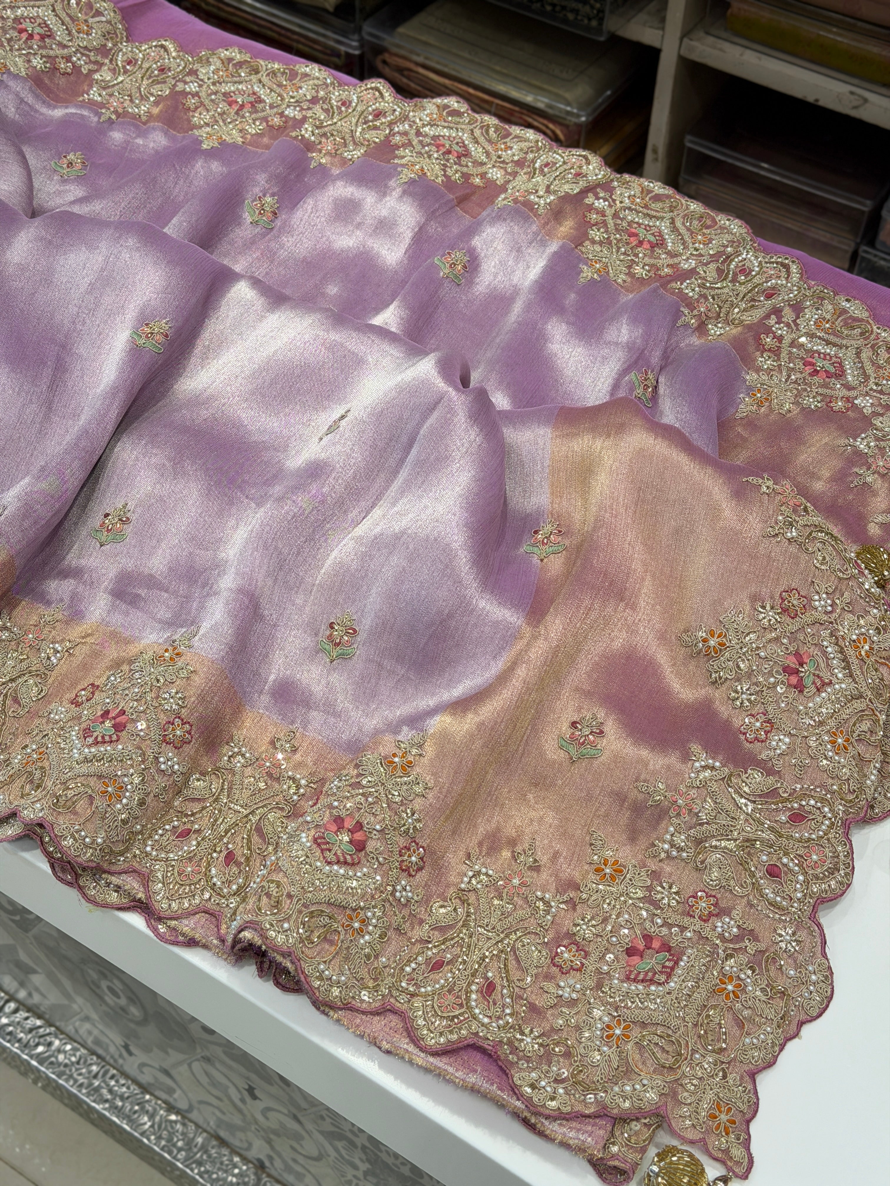 Lilac Crepe Tissue Zari Resham Embroidery SareeMoti