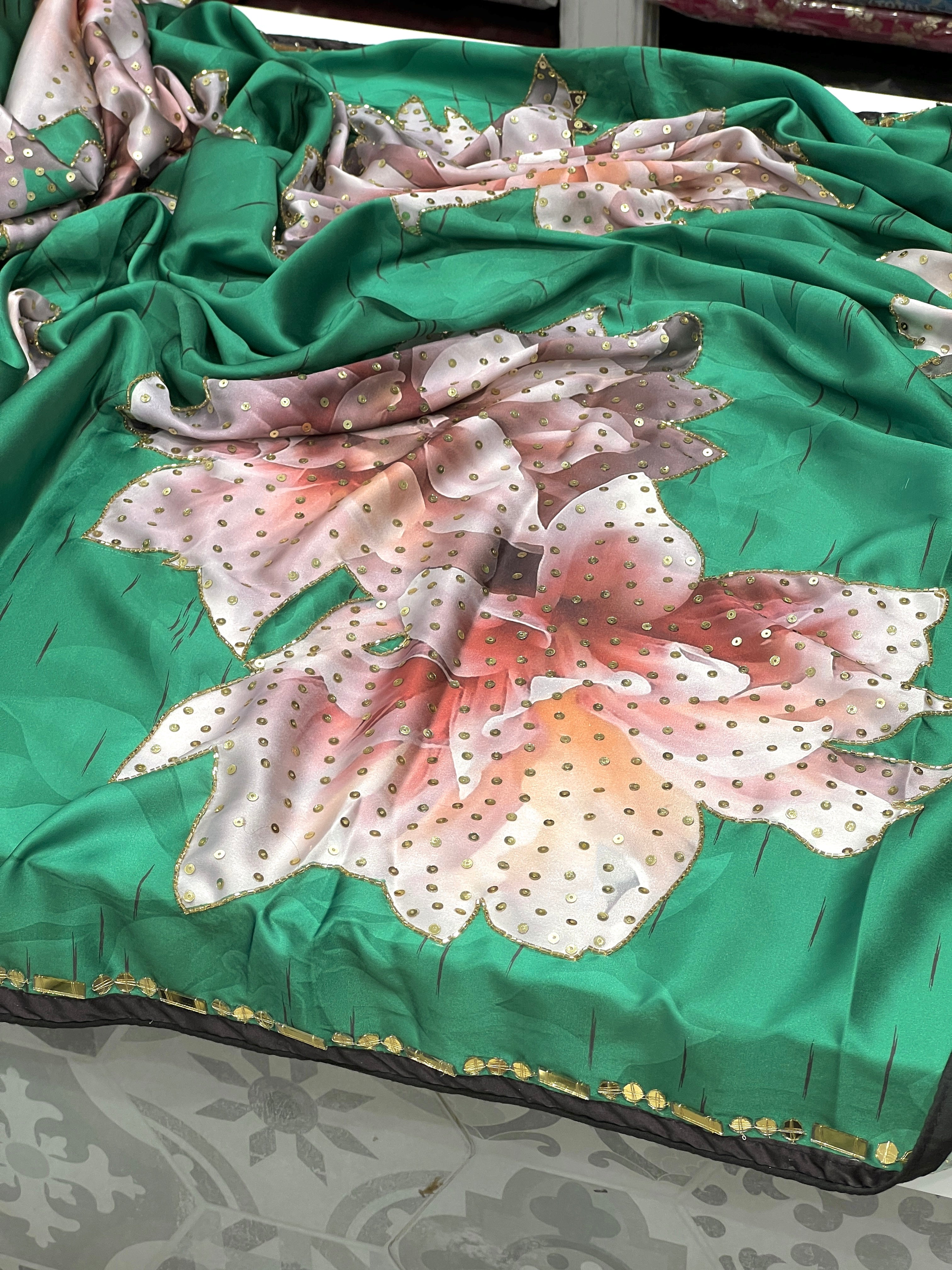 Green Satin Hand Embroidery Saree