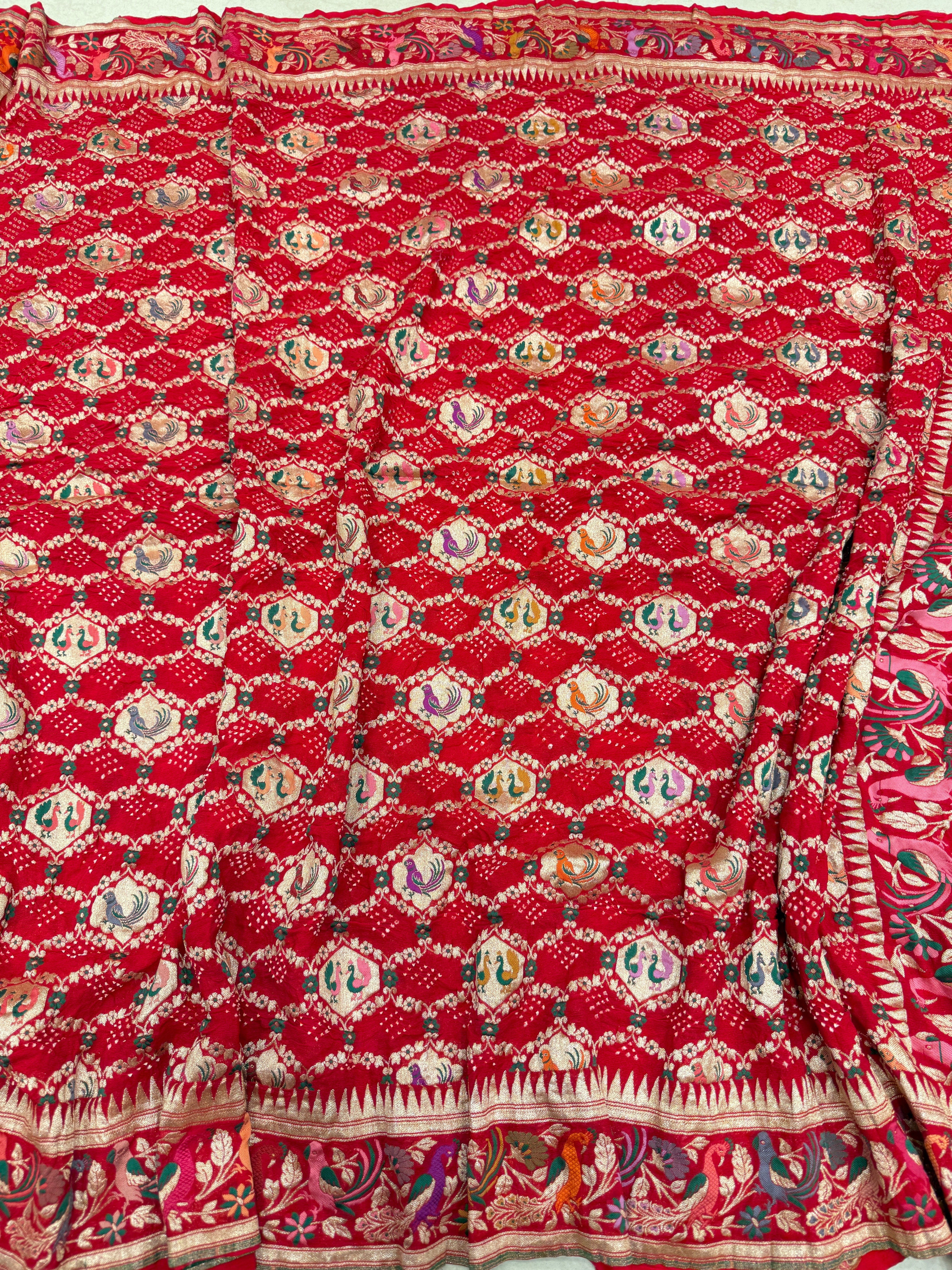 Red Paithani Style Meenakari Rai Bandhej Georgette Bandhini Saree