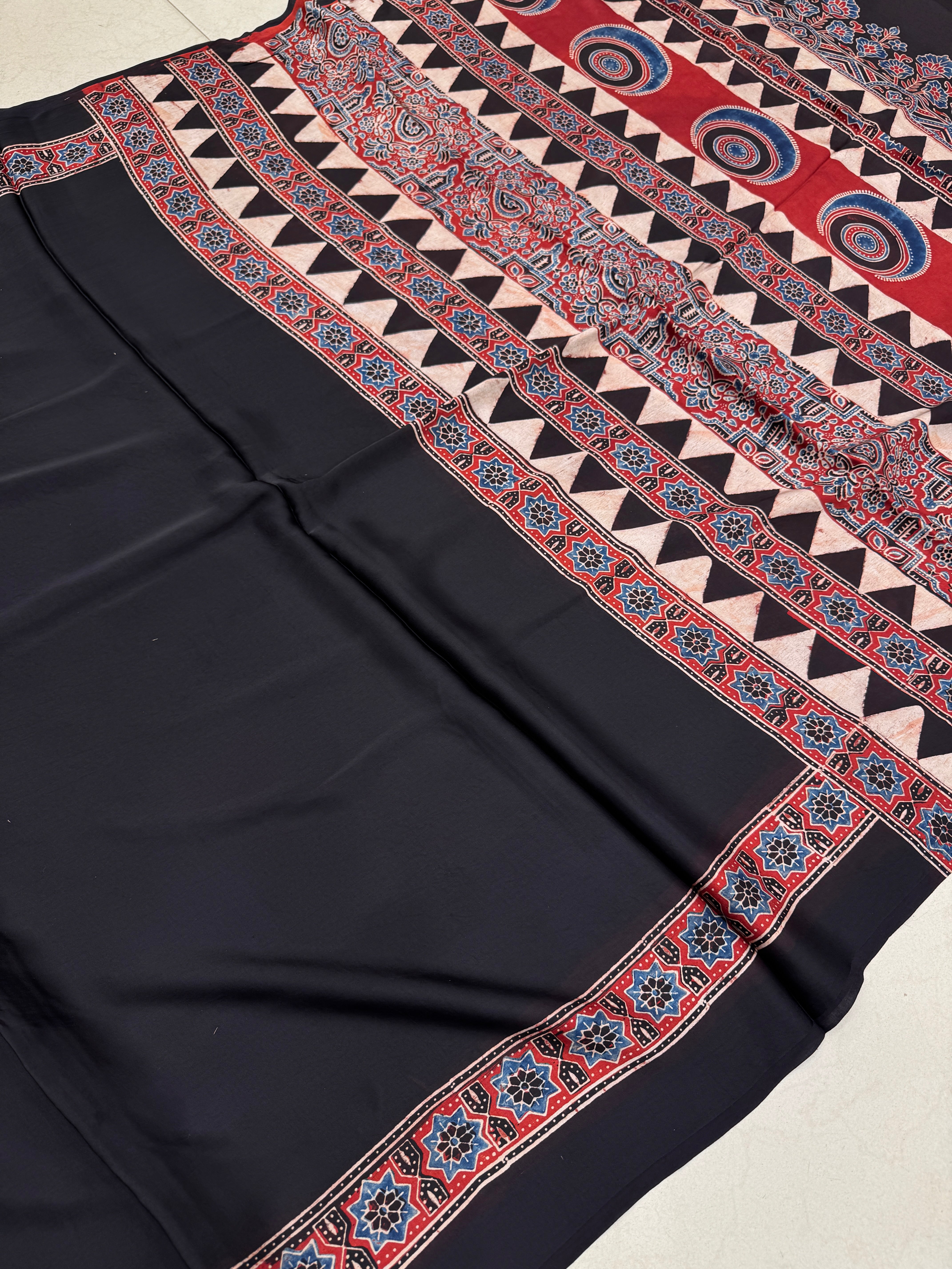 Red Black Plain Border Hand Block Print Ajrkah Pure Gajji Silk Saree