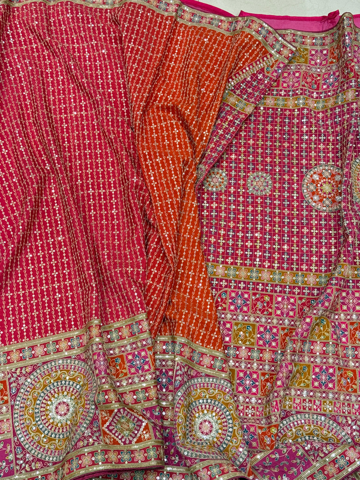 Rani Shaded Meenakari Crepe Banarasi Pita Embroidery Saree