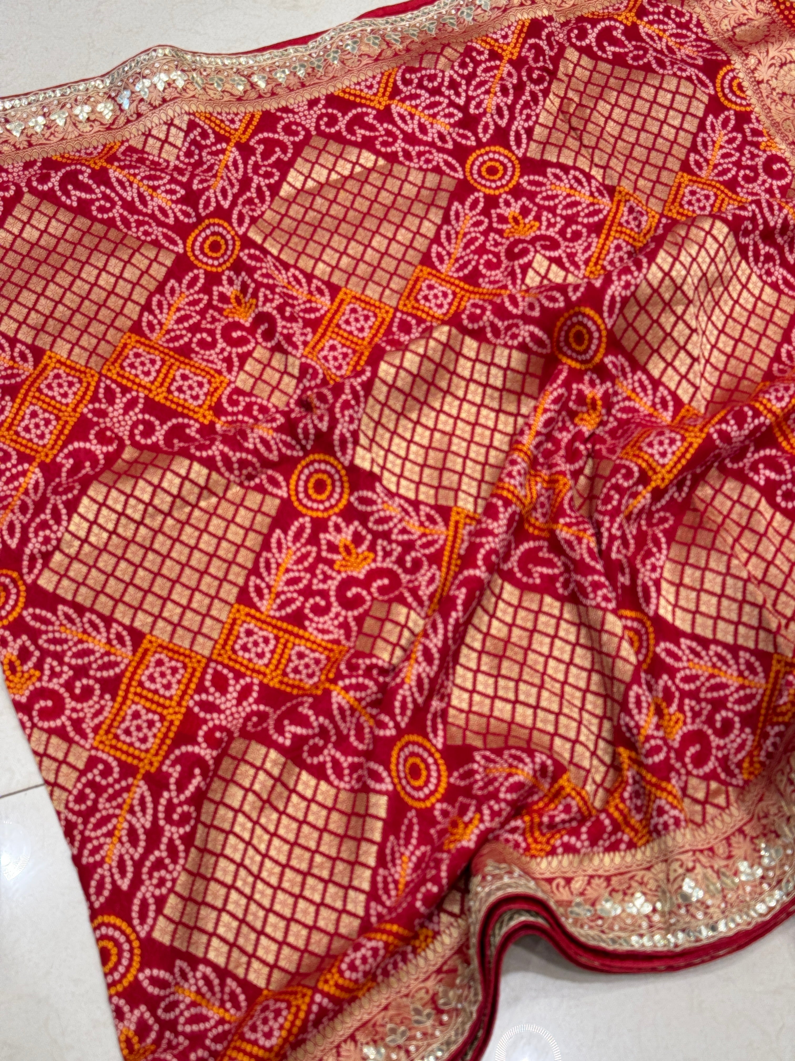 Red Woven Bandhej Gotapatti Saree