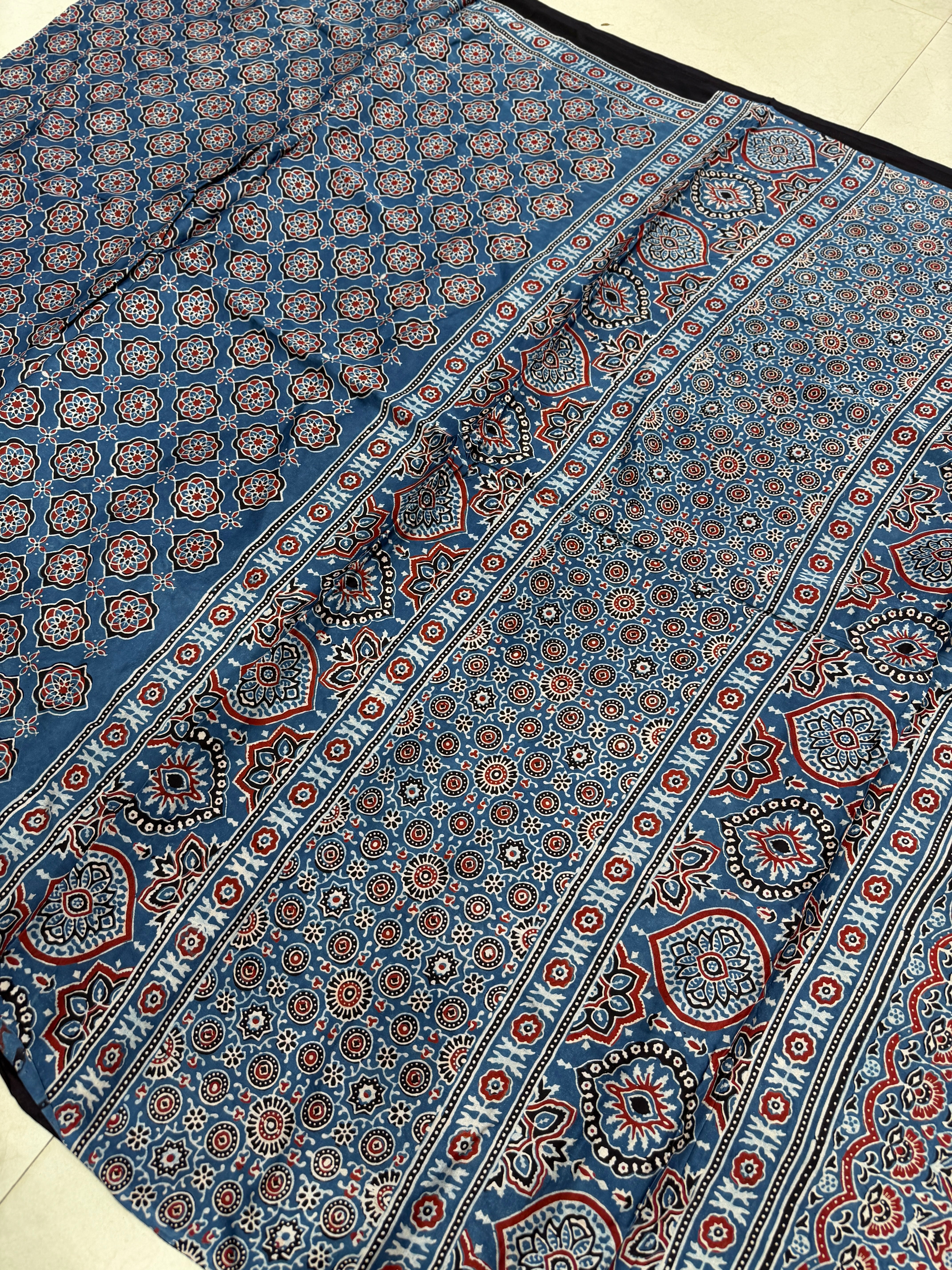 Blue Jaal Ajrakh Hand Block Print Pure Gajji Silk Saree