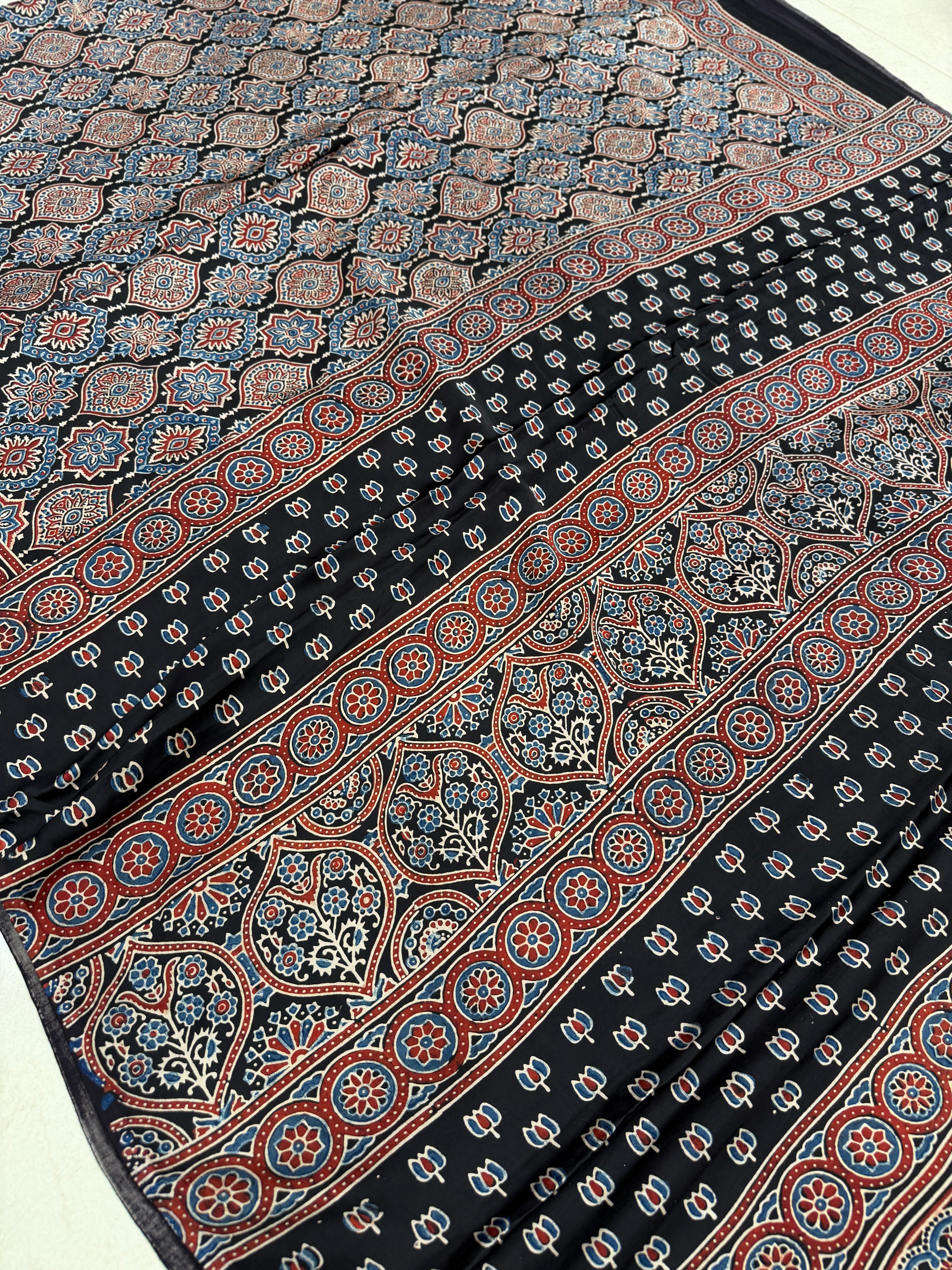 Black Small Badam Jaal Ajrakh Hand Block Print Pure Gajji Silk Saree