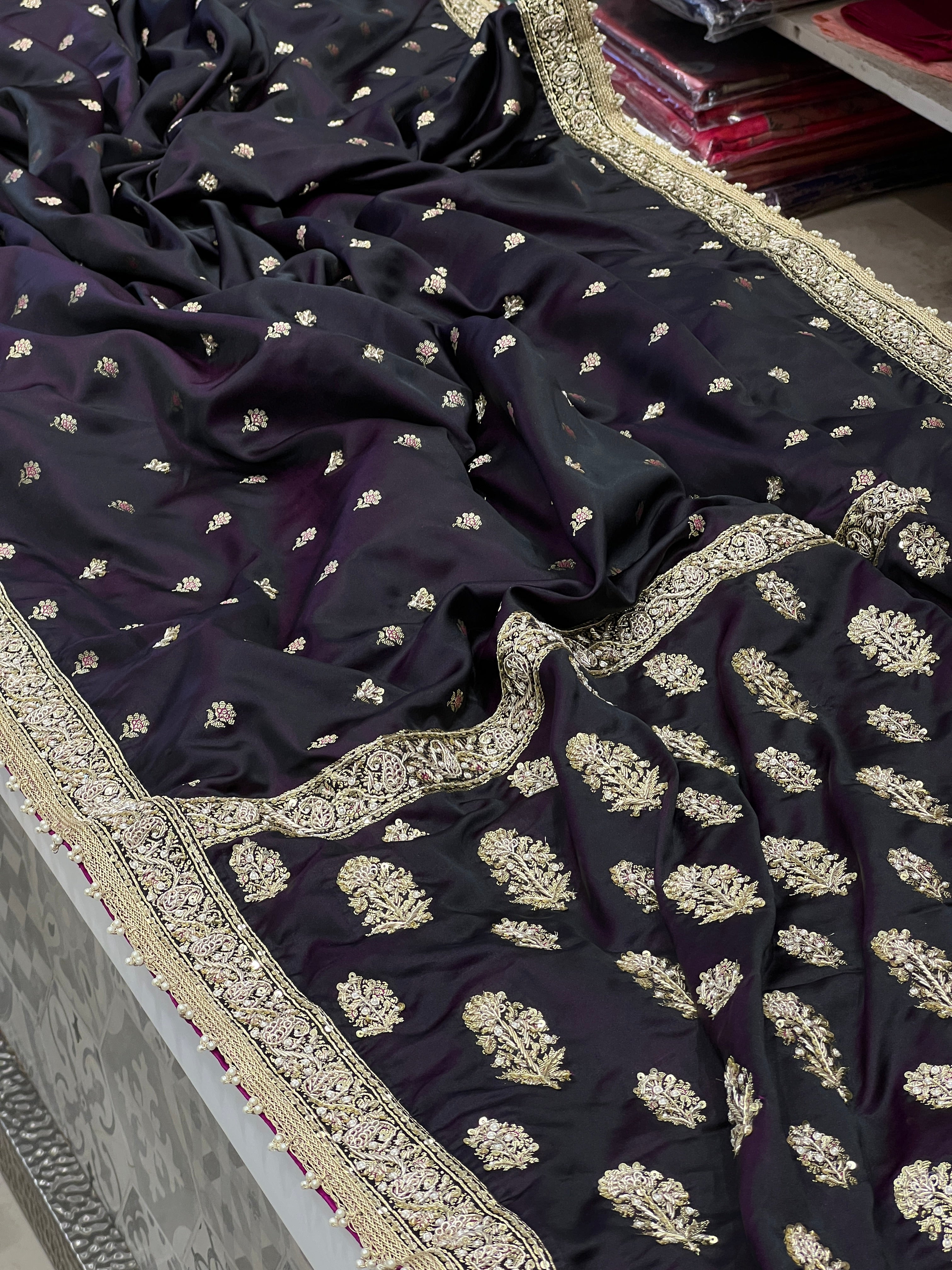 Violet Dhup Chav Banarasi Silk Hand Embroidery Saree