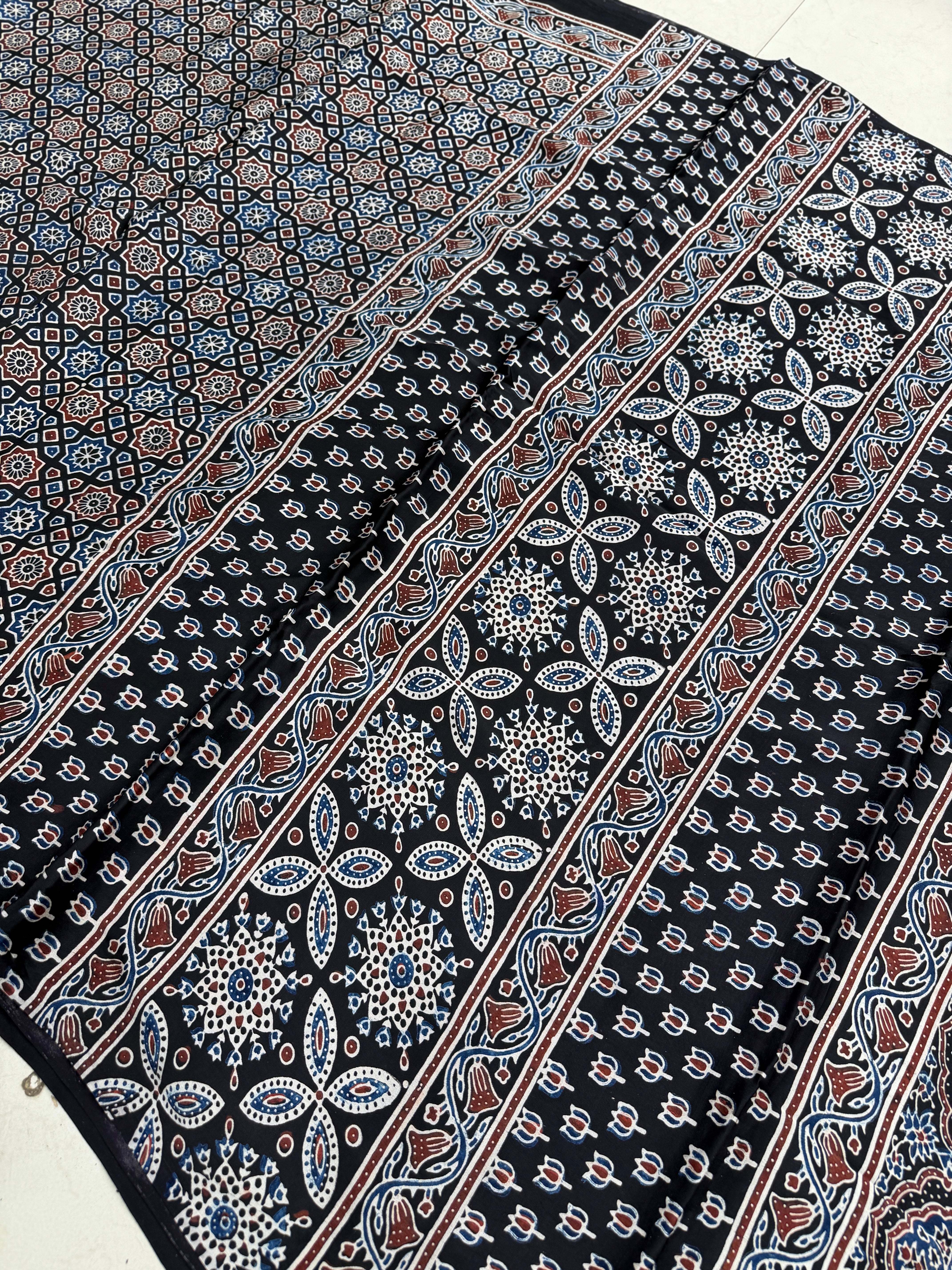 Black Jaal Ajrakh Hand Block Print Pure Gajji Silk Saree